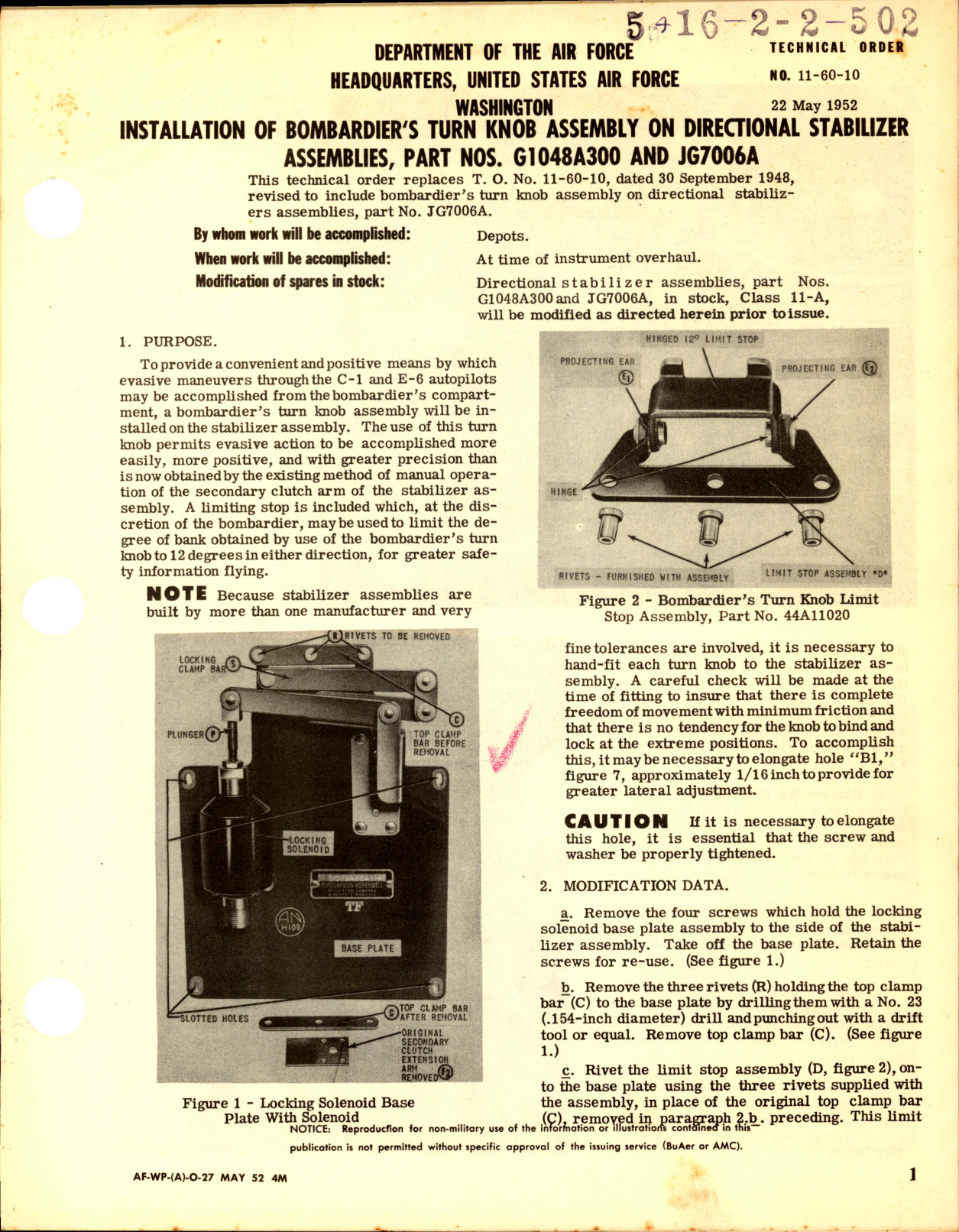Sample page 1 from AirCorps Library document: Installation of Bombardier's Turn Knob Assembly