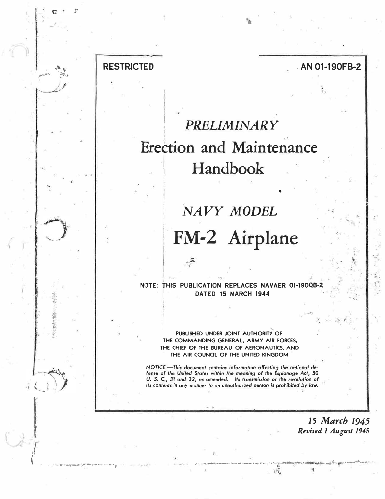 Sample page 1 from AirCorps Library document: Wildcat FM-2 - Preliminary Erection & Maintenance Handbook