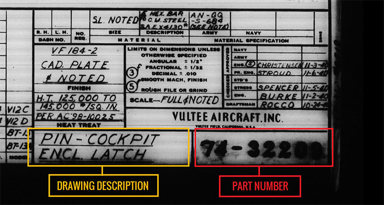Part number and description information contained in the title block of a BT-13 drawing.