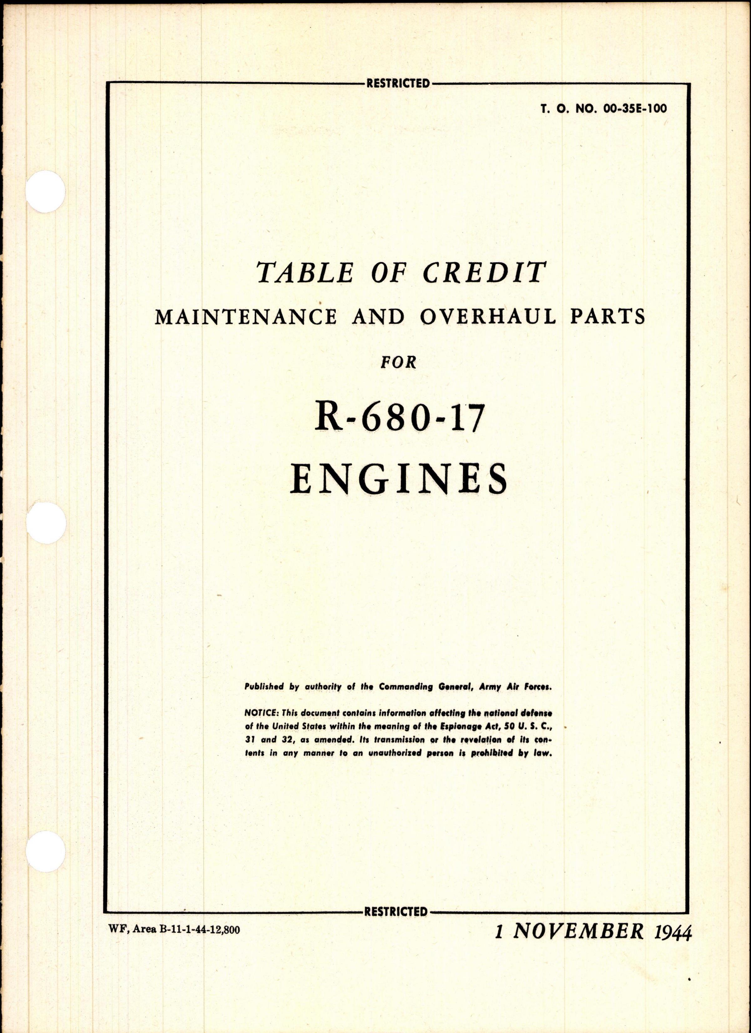 Sample page 1 from AirCorps Library document: Table of Credit - Maintenance & Overhaul Parts - R-680-17 Engine
