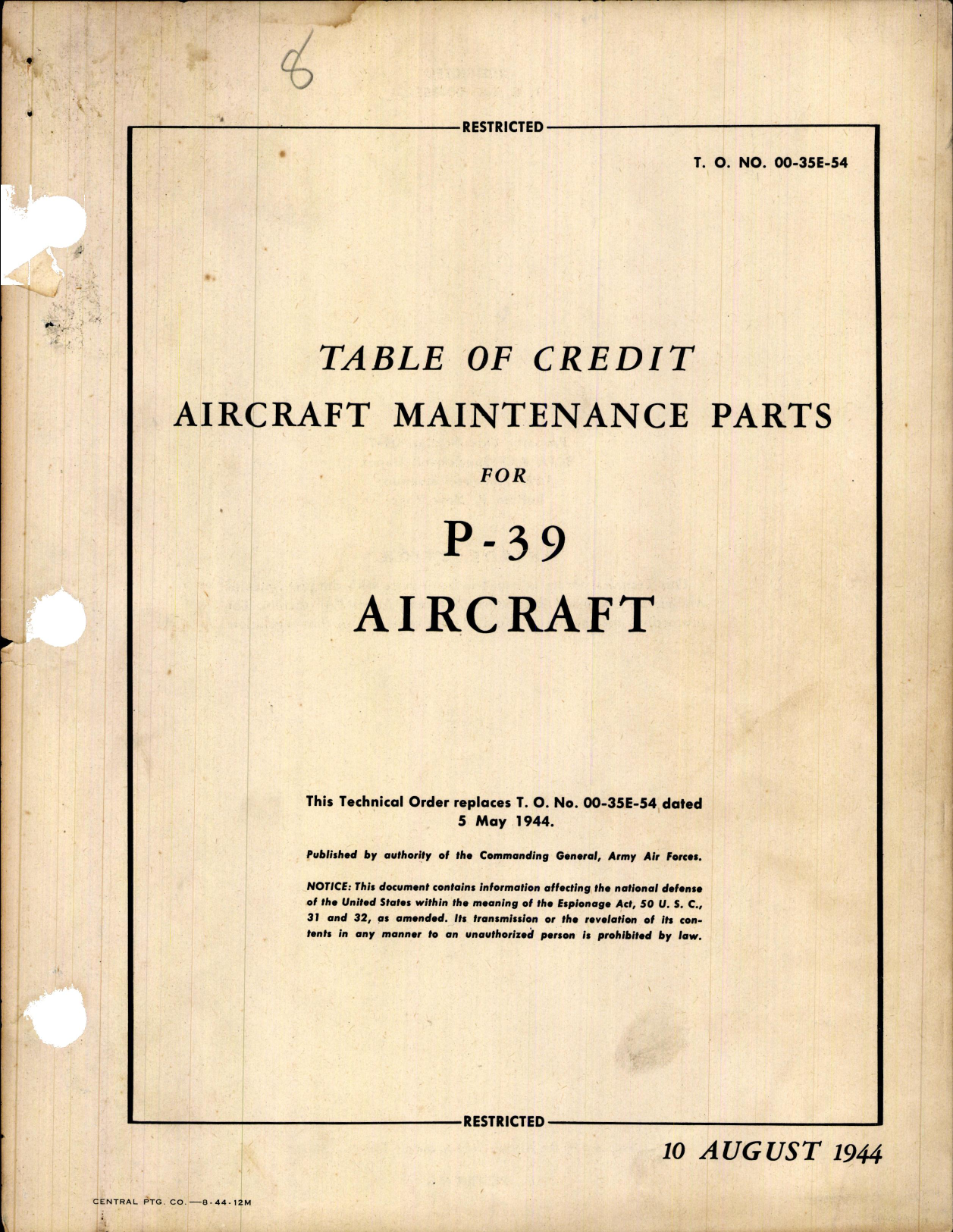 Sample page 1 from AirCorps Library document: Table of Credit Aircraft Maintenance Parts for P-39