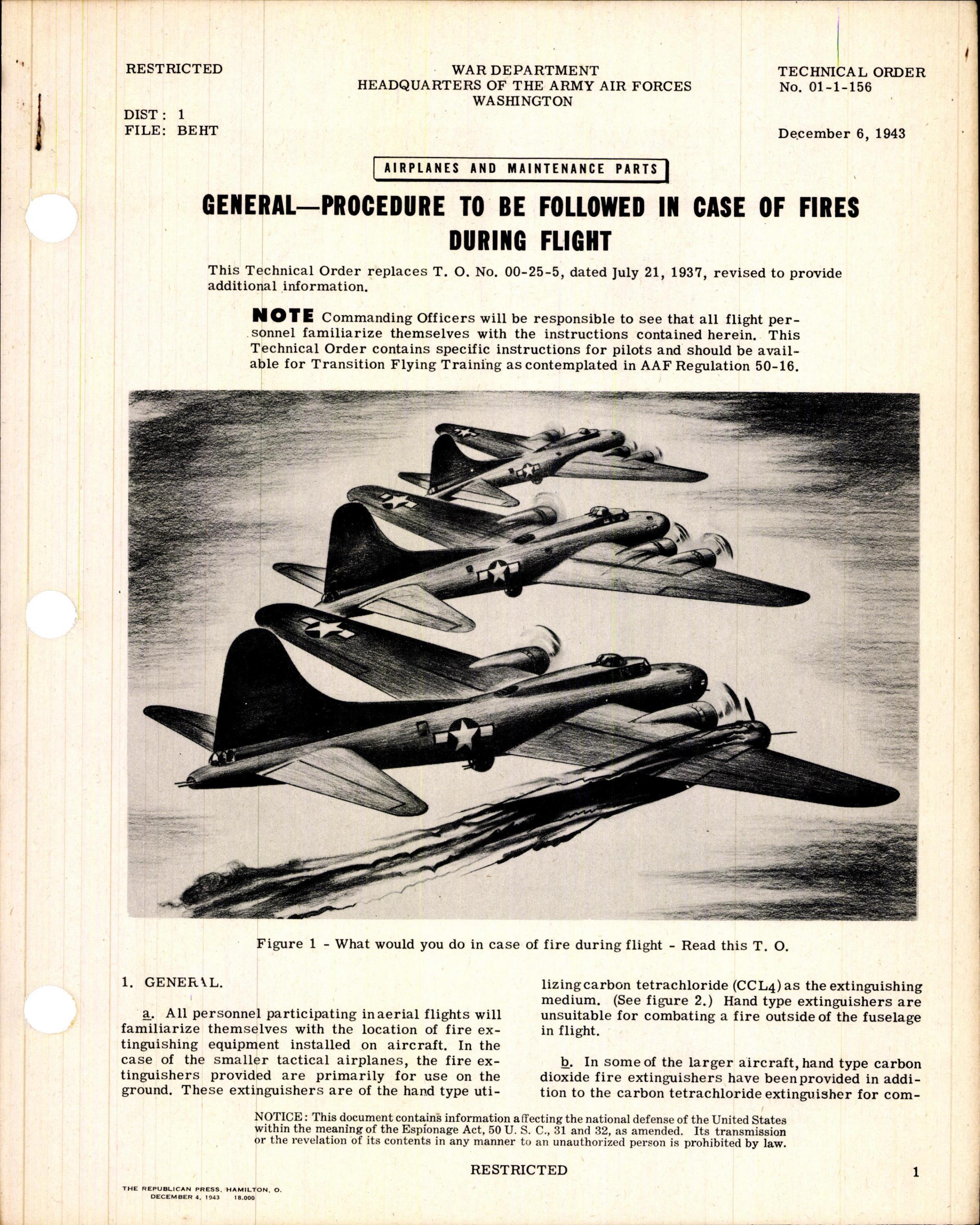 Sample page 1 from AirCorps Library document: Procedure to be Followed in Case of Fires During Flight