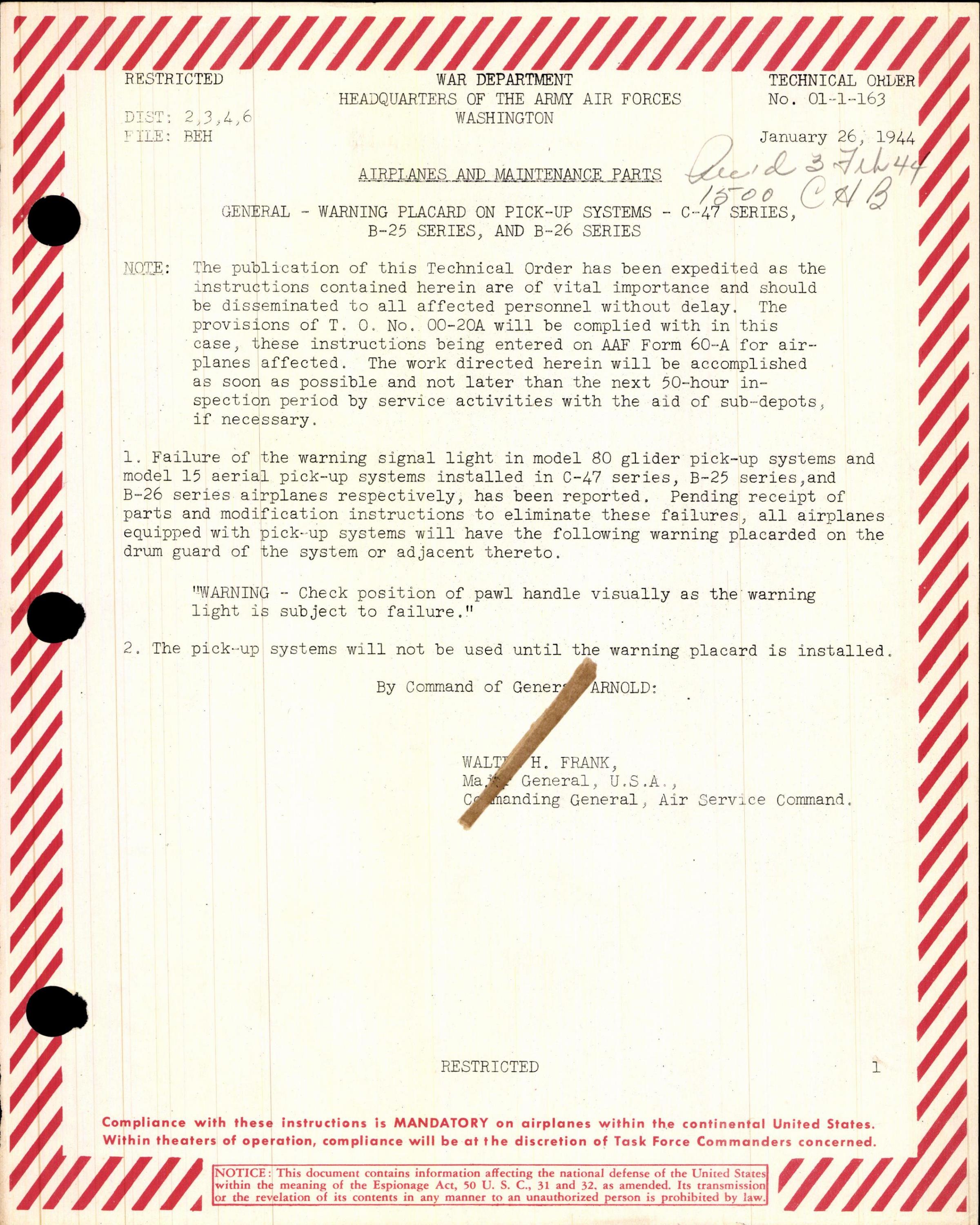 Sample page 1 from AirCorps Library document: Warning Placard on Pick-Up Systems