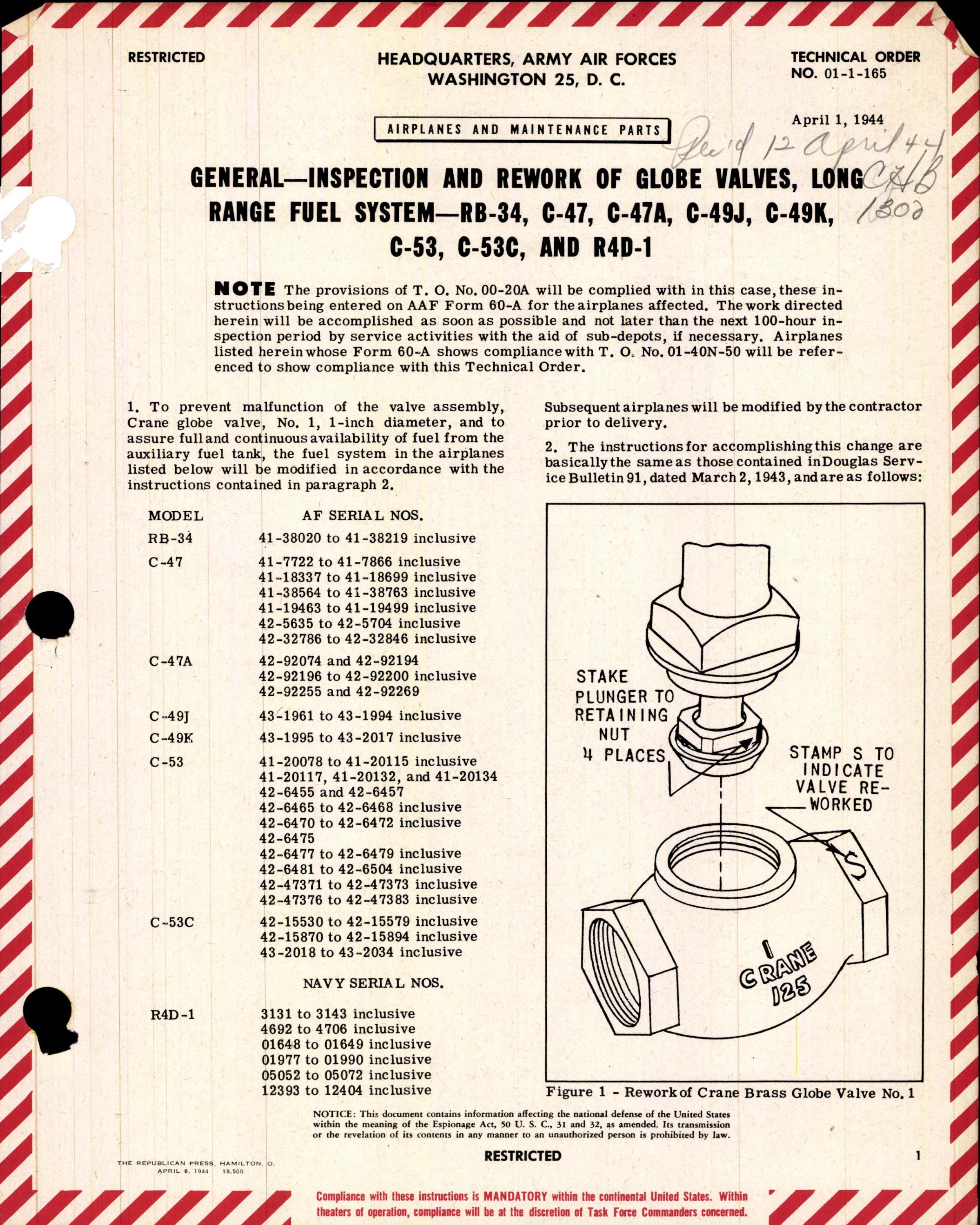 Sample page 1 from AirCorps Library document: Inspection & Rework of Globe Valves in Long Range Fuel System