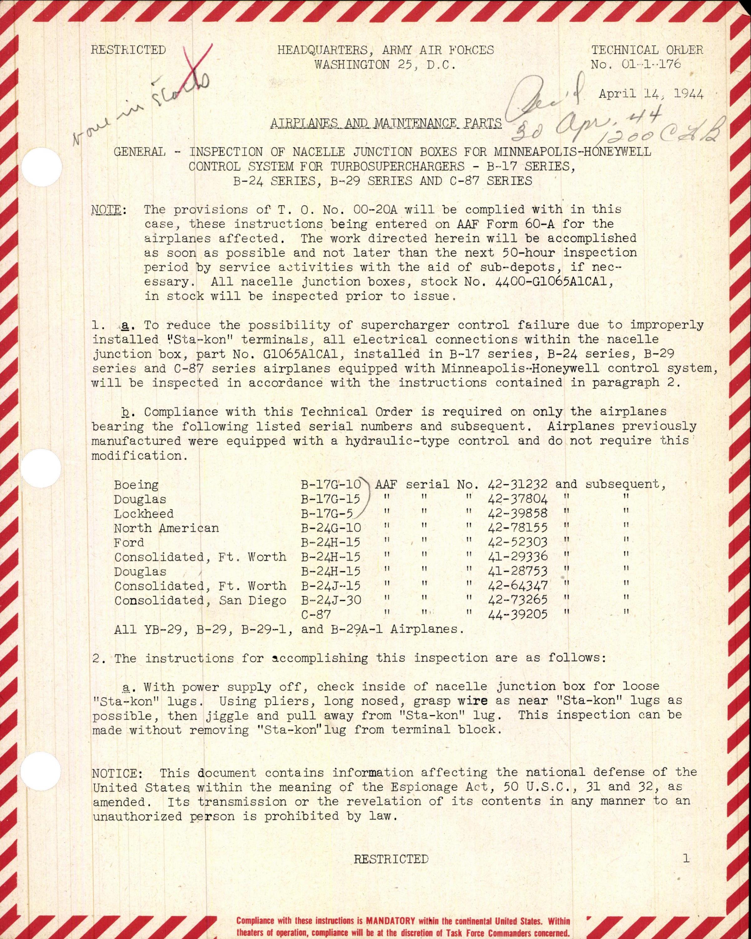 Sample page 1 from AirCorps Library document: Inspection of Nacelle Junction Boxes for Minneapolis-Honeywell Control System for Turbosuperchargers 