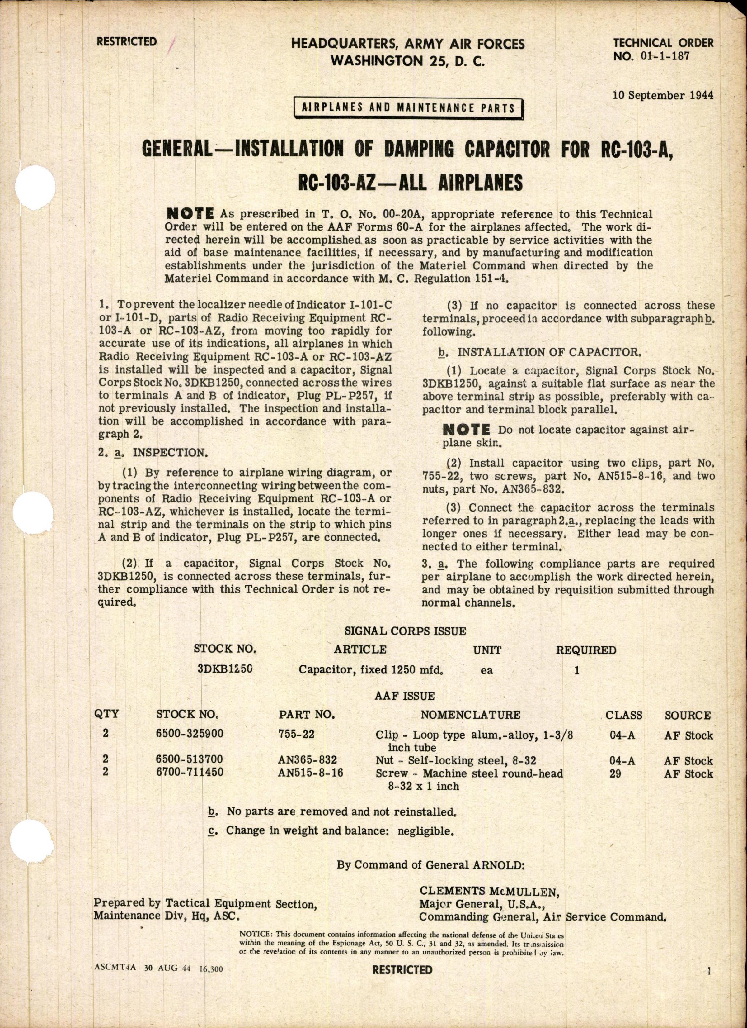Sample page 1 from AirCorps Library document: Installation of Damping Capacitor for RC-103-A and RC-103-AZ