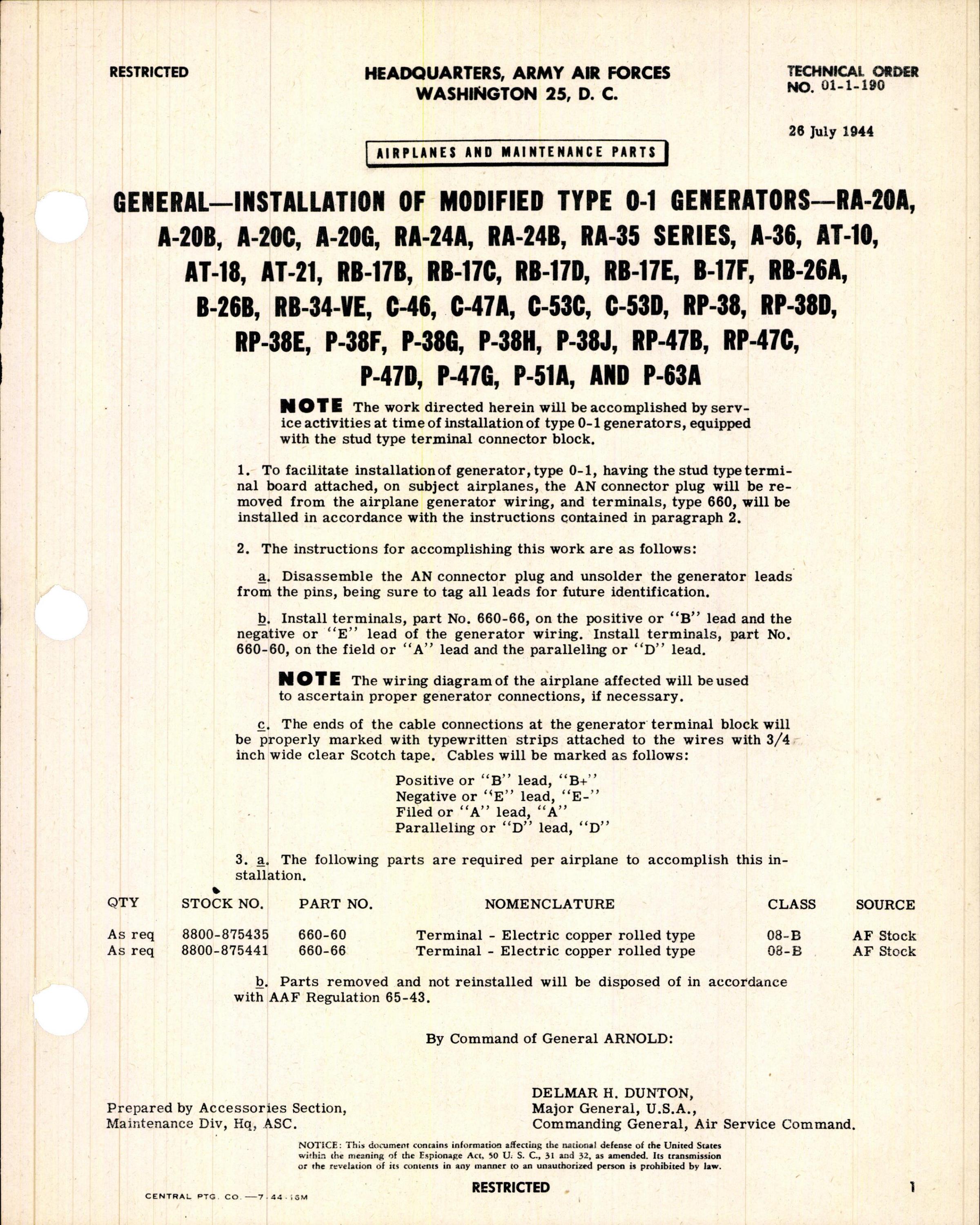 Sample page 1 from AirCorps Library document: Installation of Modified Type 0-1 Generators