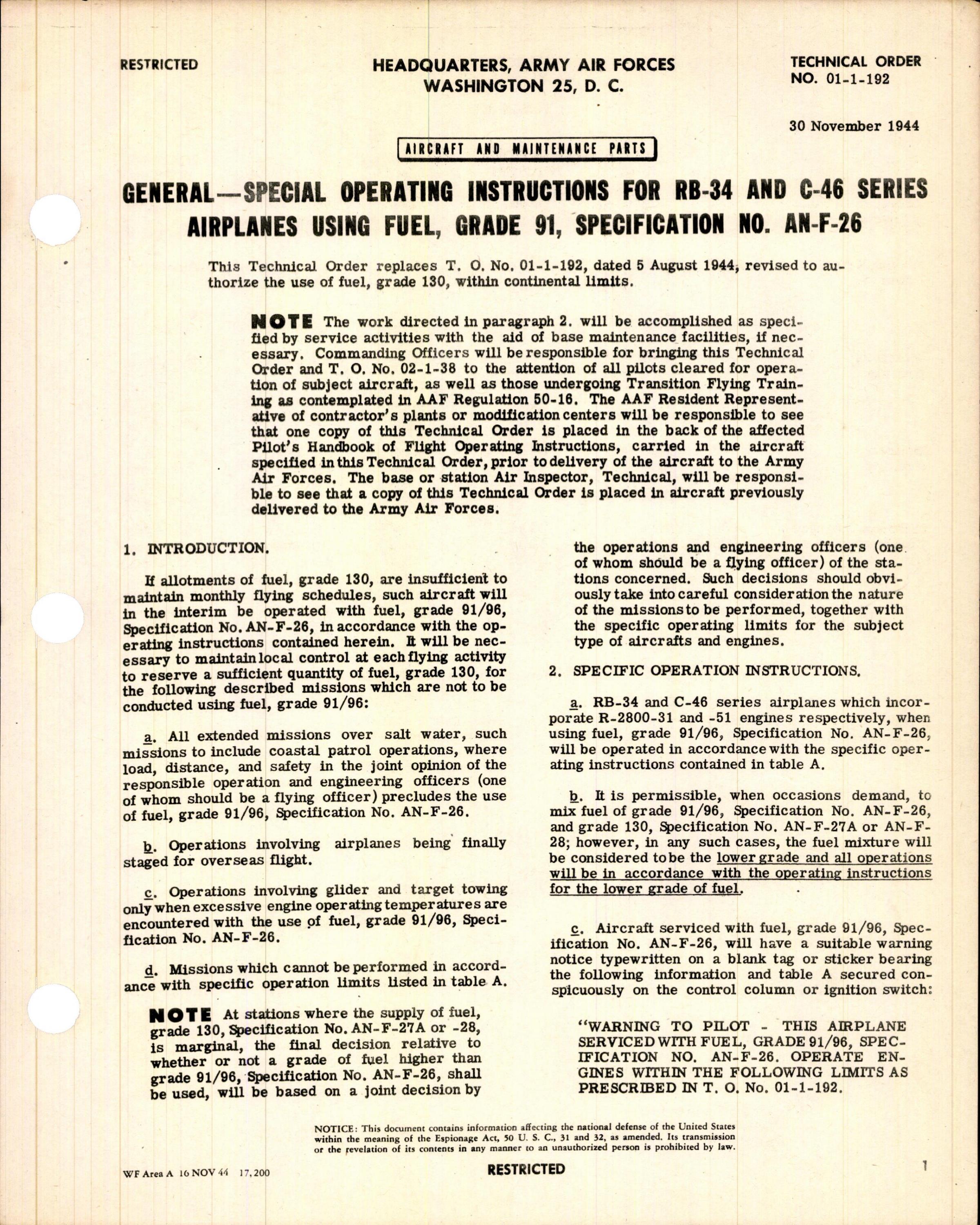 Sample page 1 from AirCorps Library document: Special Operating Instructions for RB-34 and C-46 Series Airplanes using Fuel Grade 91