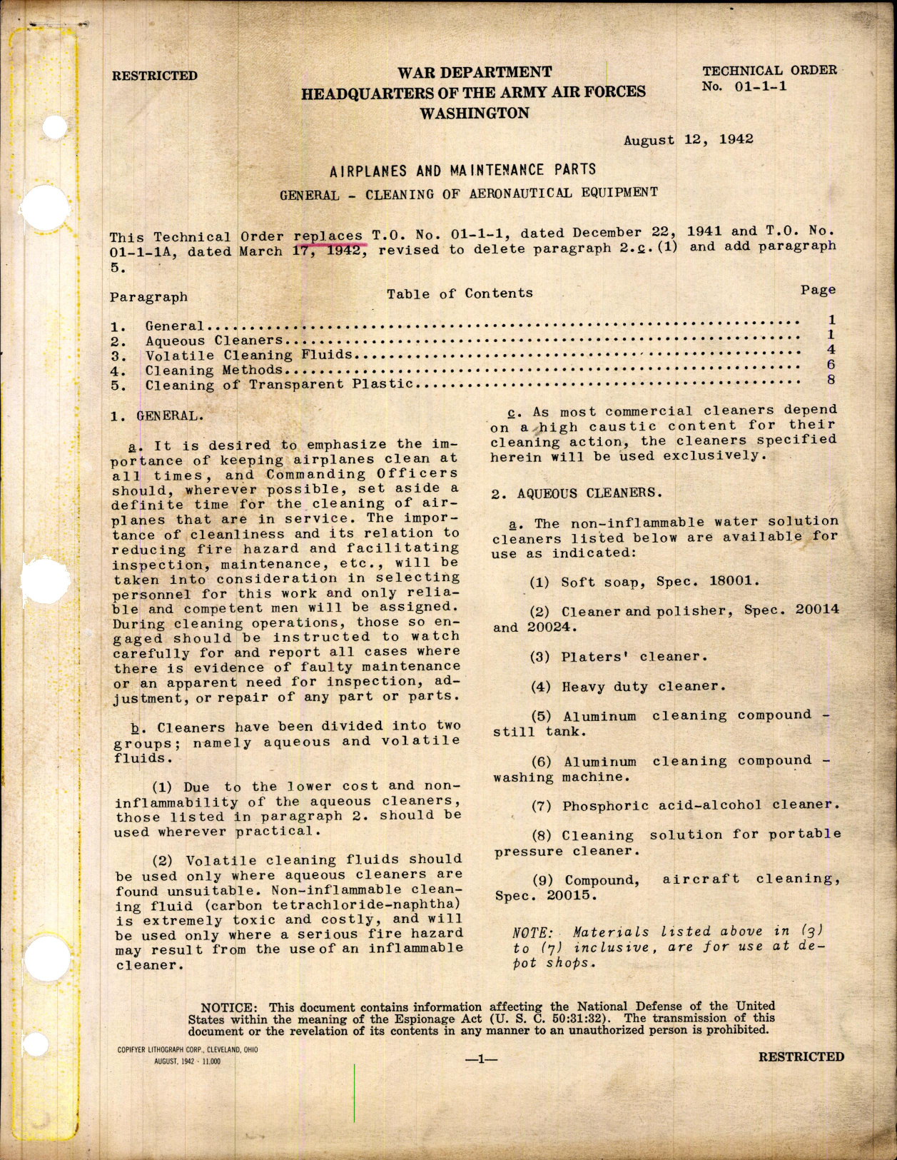 Sample page 1 from AirCorps Library document: Airplanes and Maintenance Parts; Cleaning of Aeronautical Equipment