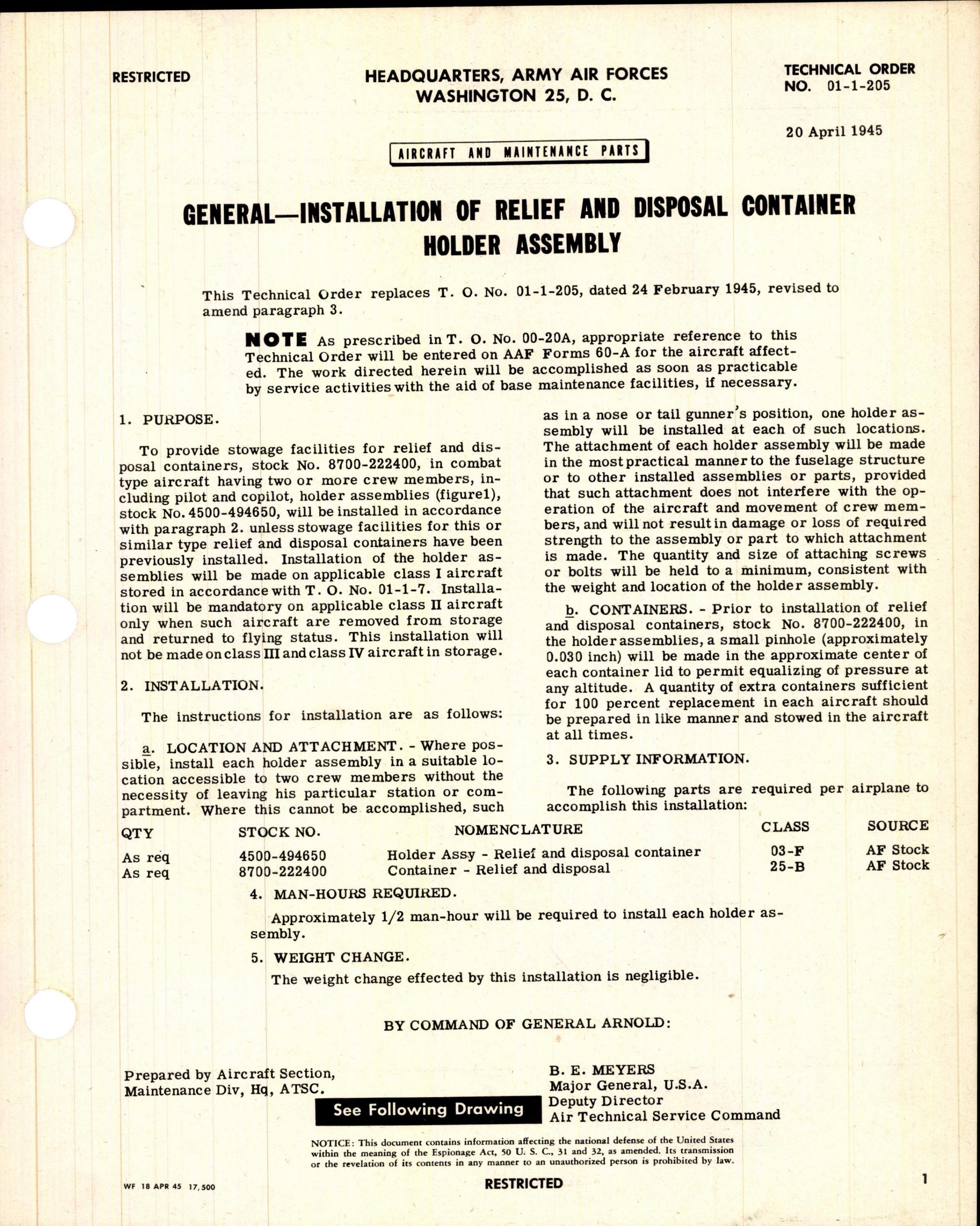 Sample page 1 from AirCorps Library document: Installation of Relief and Disposal Container Holder Assembly
