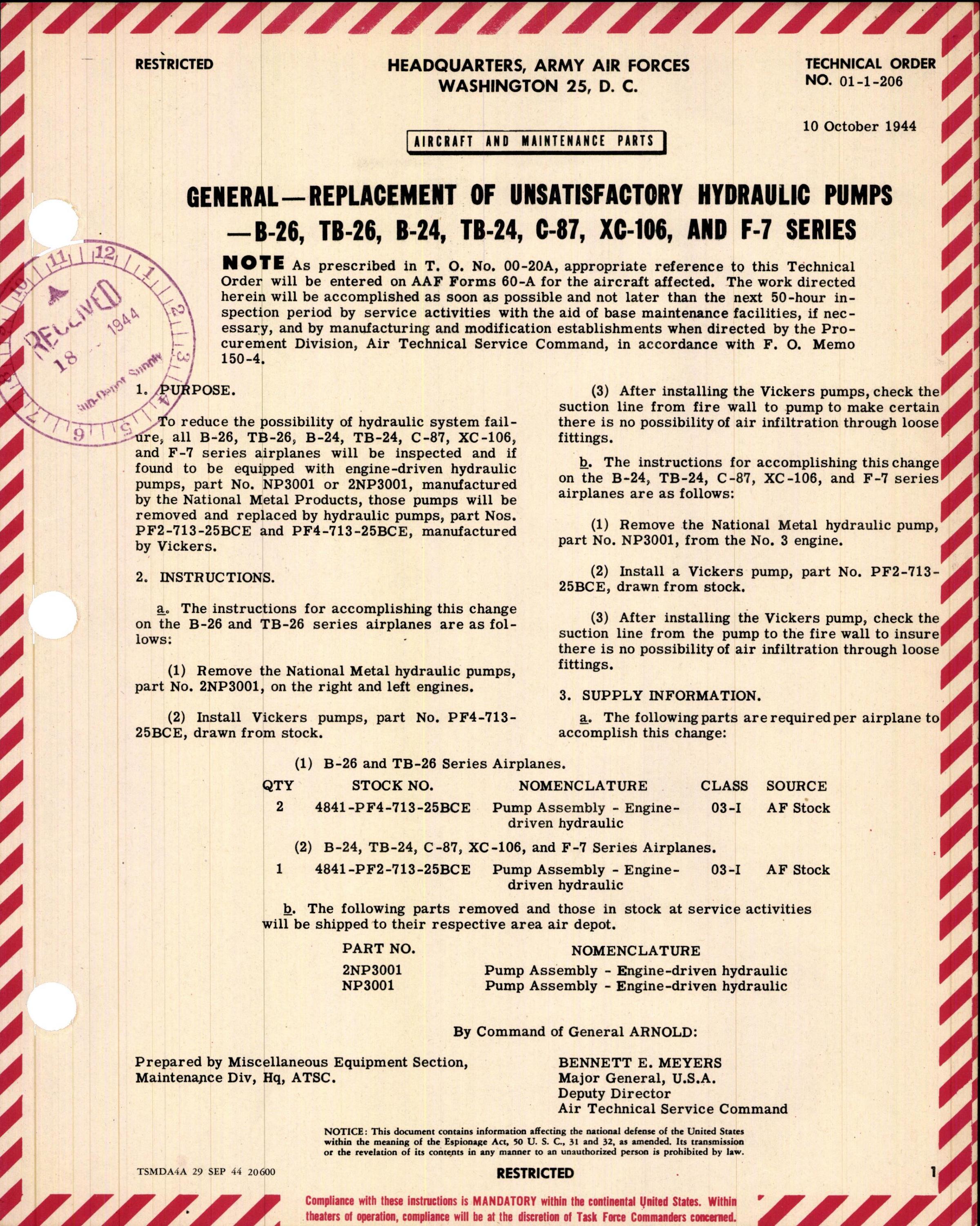 Sample page 1 from AirCorps Library document: Replacement of Unsatisfactory Hydraulic Pumps for B-26, TB-26, B-24, TB-24, C-87, XC-106, and F-7 Series