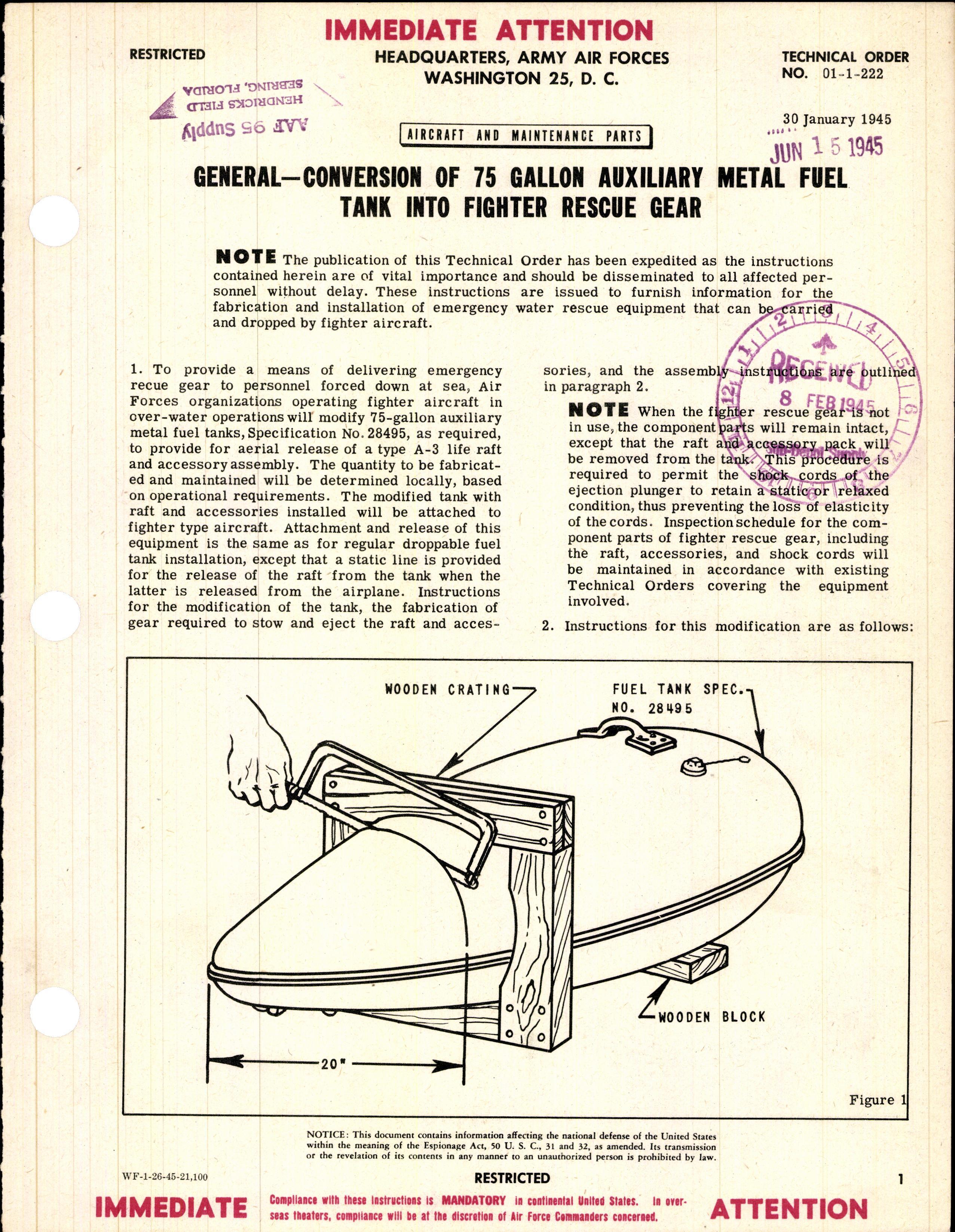 Sample page 1 from AirCorps Library document: Conversion of 75 Gallon Auxiliary Metal Fuel Tank Into Fighter Rescue Gear