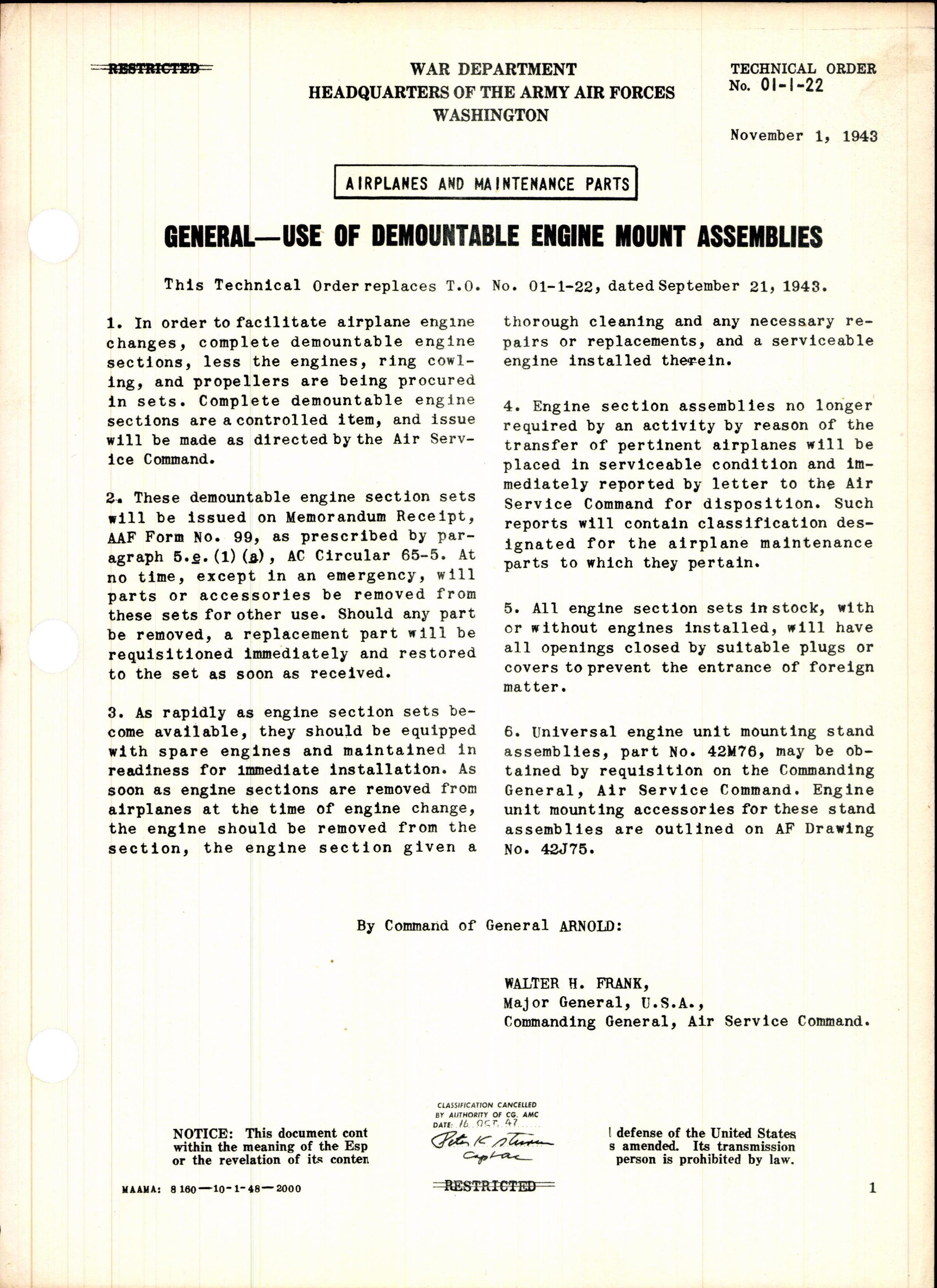 Sample page 1 from AirCorps Library document: Use of Demountable Engine Mount Assemblies