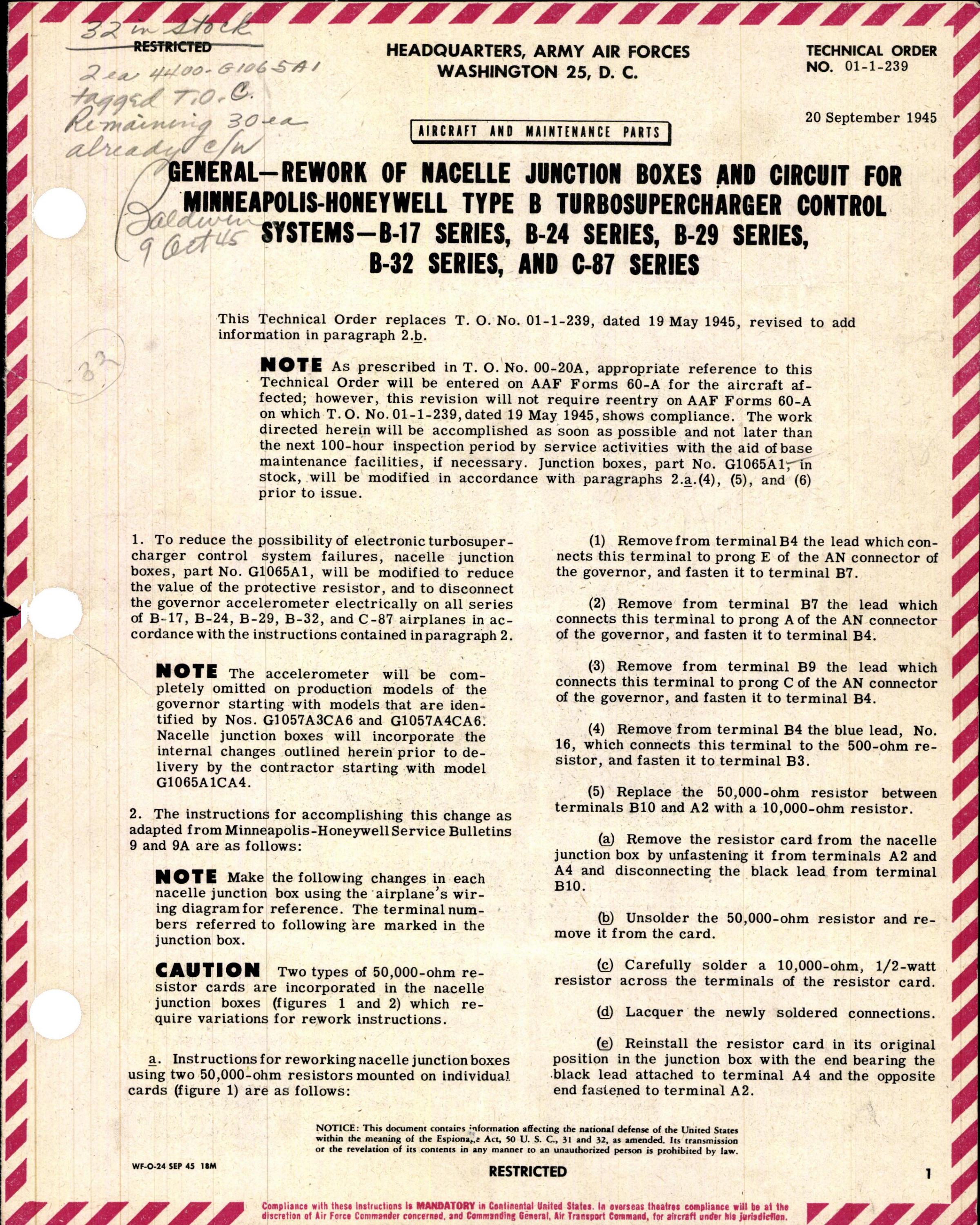 Sample page 1 from AirCorps Library document: Rework of Nacelle Junction Boxes and Circuit for Type B Turbosupercharger Control Systems