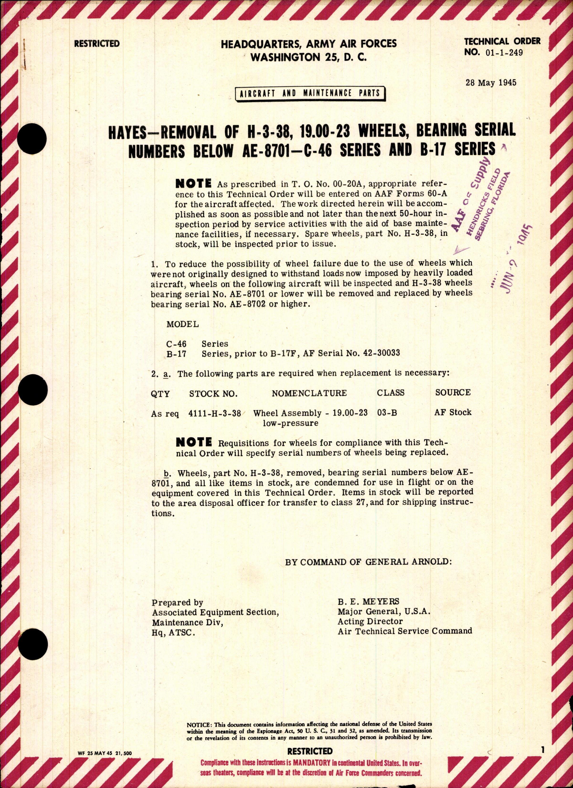 Sample page 1 from AirCorps Library document: Removal of H-3-38, 19.00-23 Wheels, Bearing Serial Numbers Below AE-8701