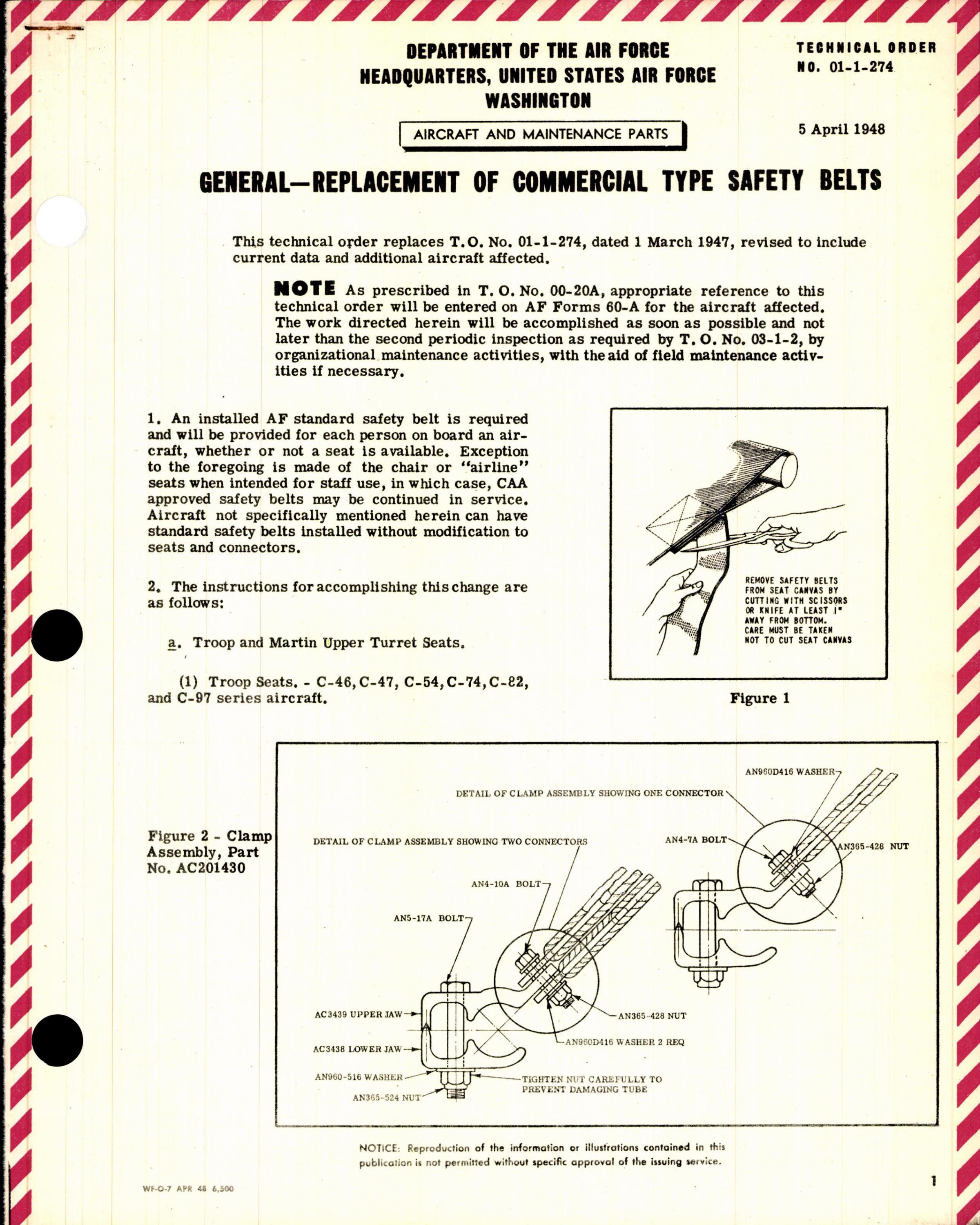 Sample page 1 from AirCorps Library document: Replacement of Commercial Type Safety Belts