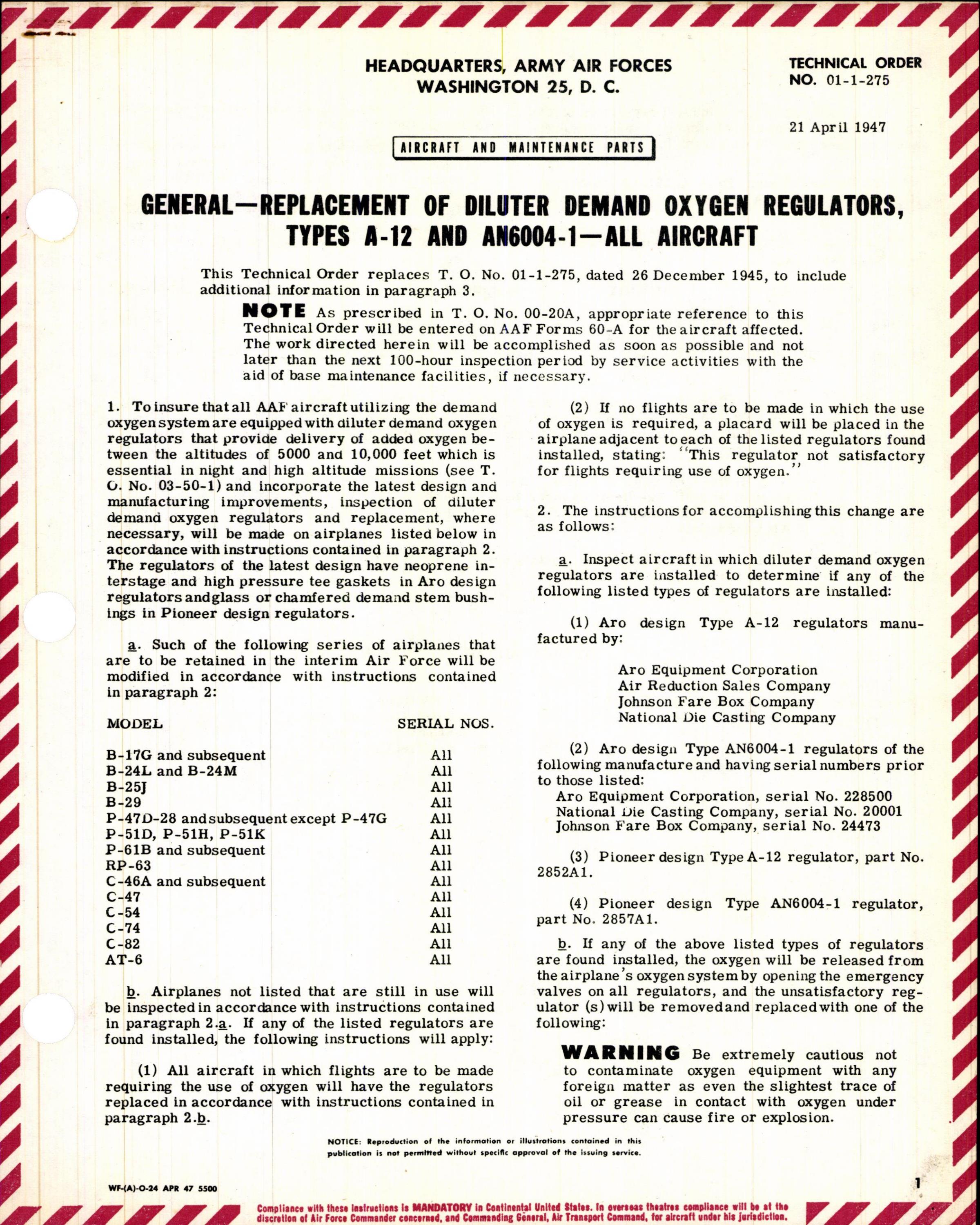 Sample page 1 from AirCorps Library document: Replacement of Diluter Demand Oxygen Regulators