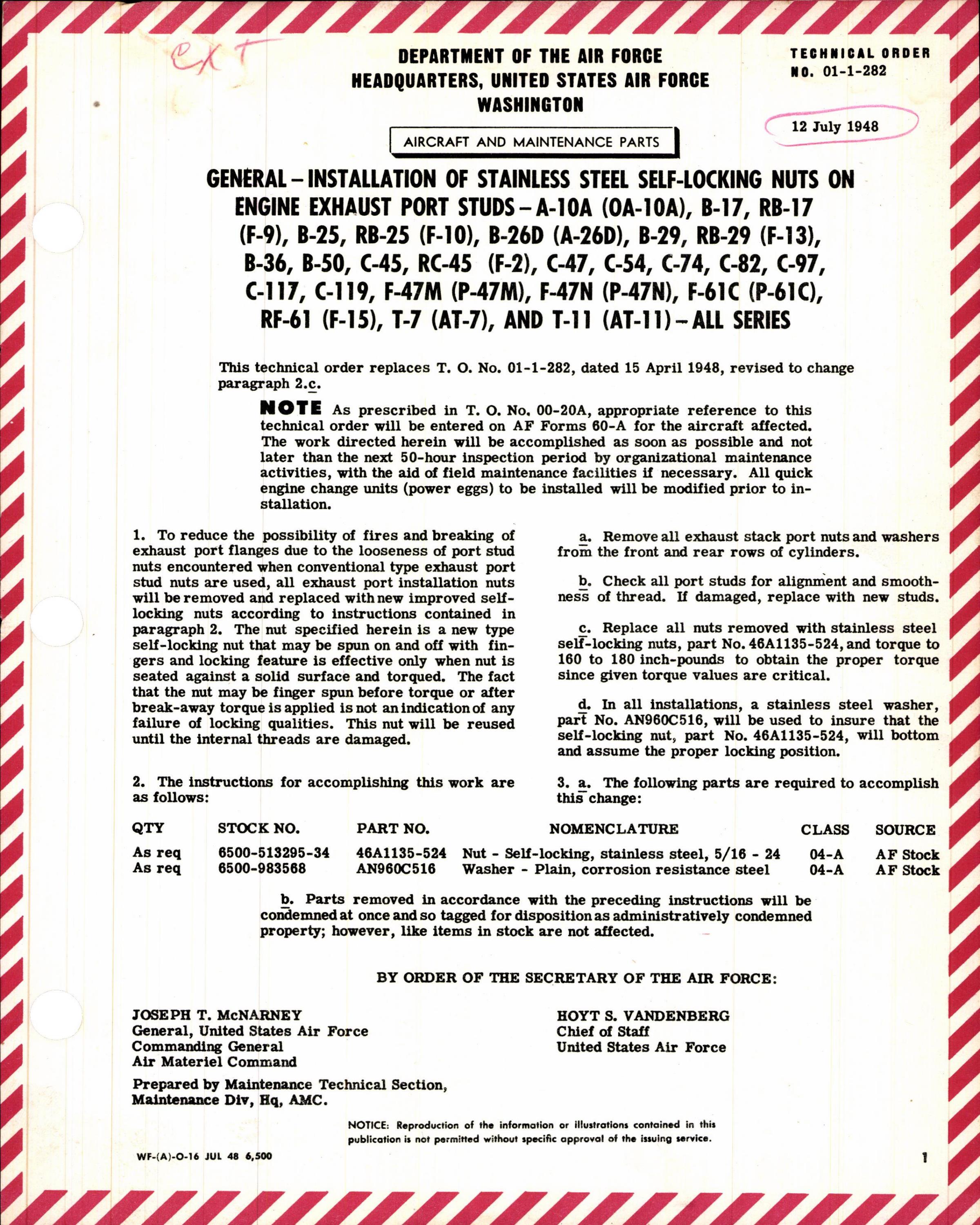 Sample page 1 from AirCorps Library document: Installation of Stainless Steel Self-Locking Nuts on Engine Exhaust Port Studs