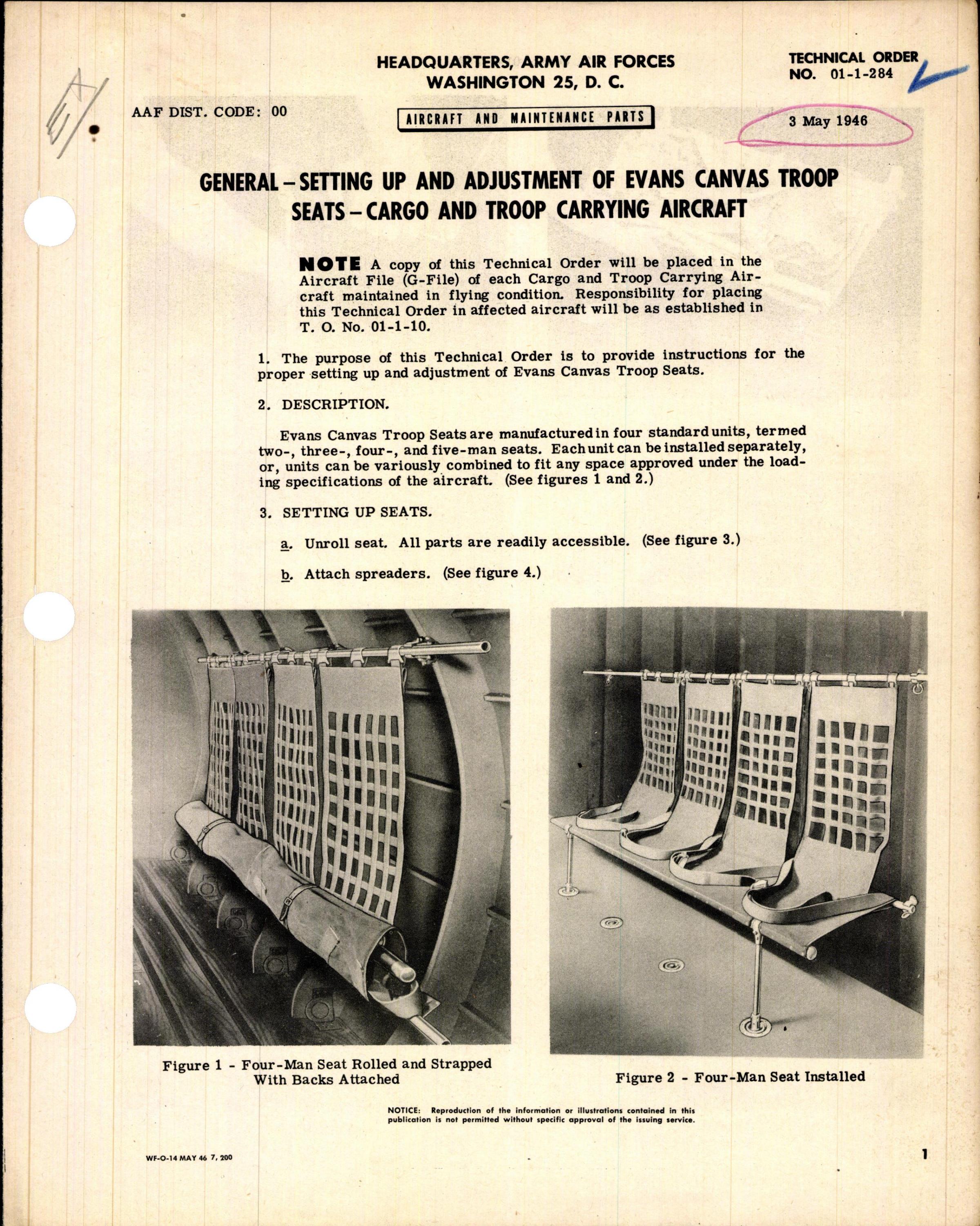 Sample page 1 from AirCorps Library document: Setting Up & Adjustment of Evans Canvas Troop Seats
