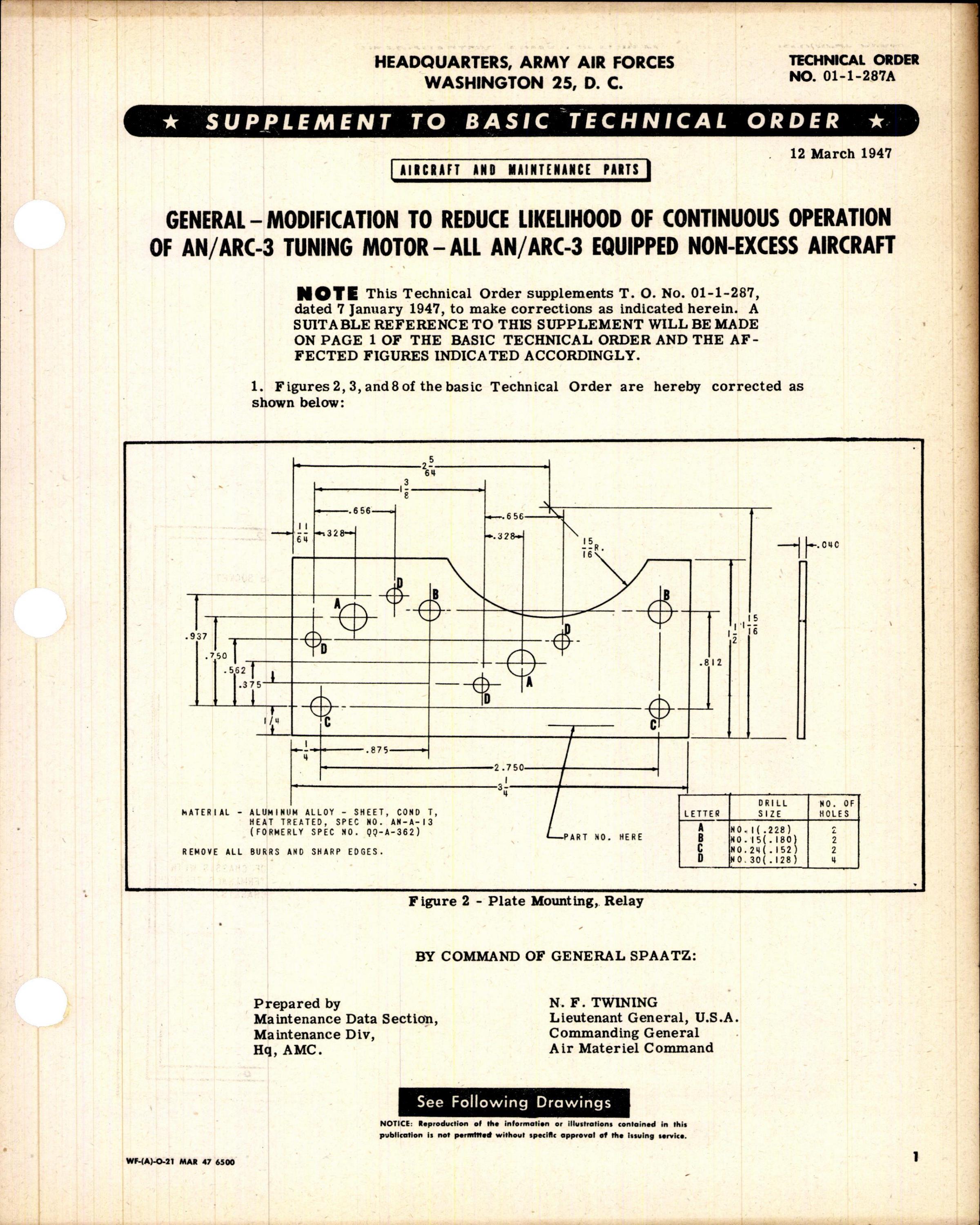 Sample page 1 from AirCorps Library document: Modification to Reduce Likelihood of Continuous Operation of AN/ARC-3 Tuning Motor