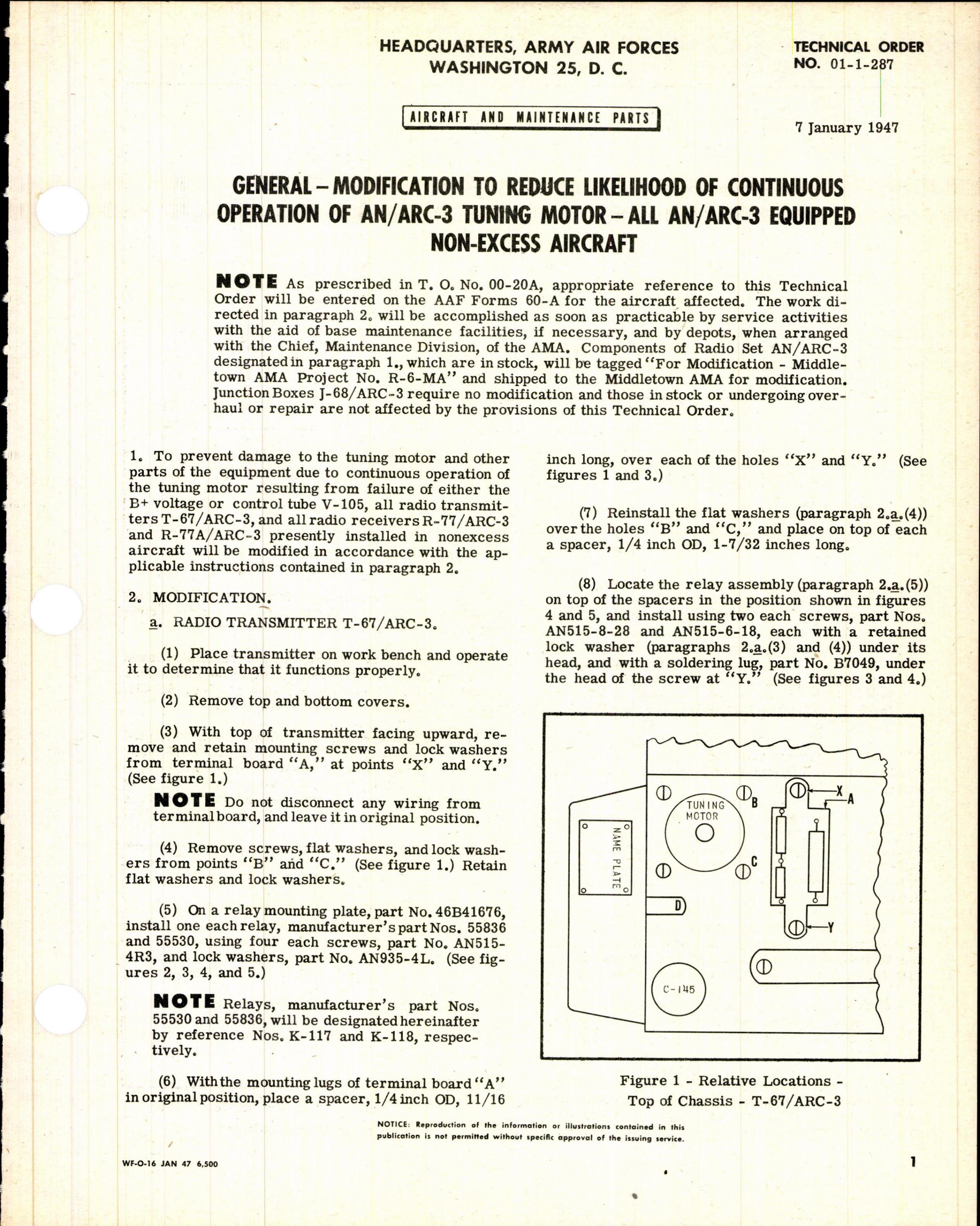 Sample page 1 from AirCorps Library document: Modification to Reduce Likelihood of Continuous Operation of AN/ARC-3 Tuning Motor