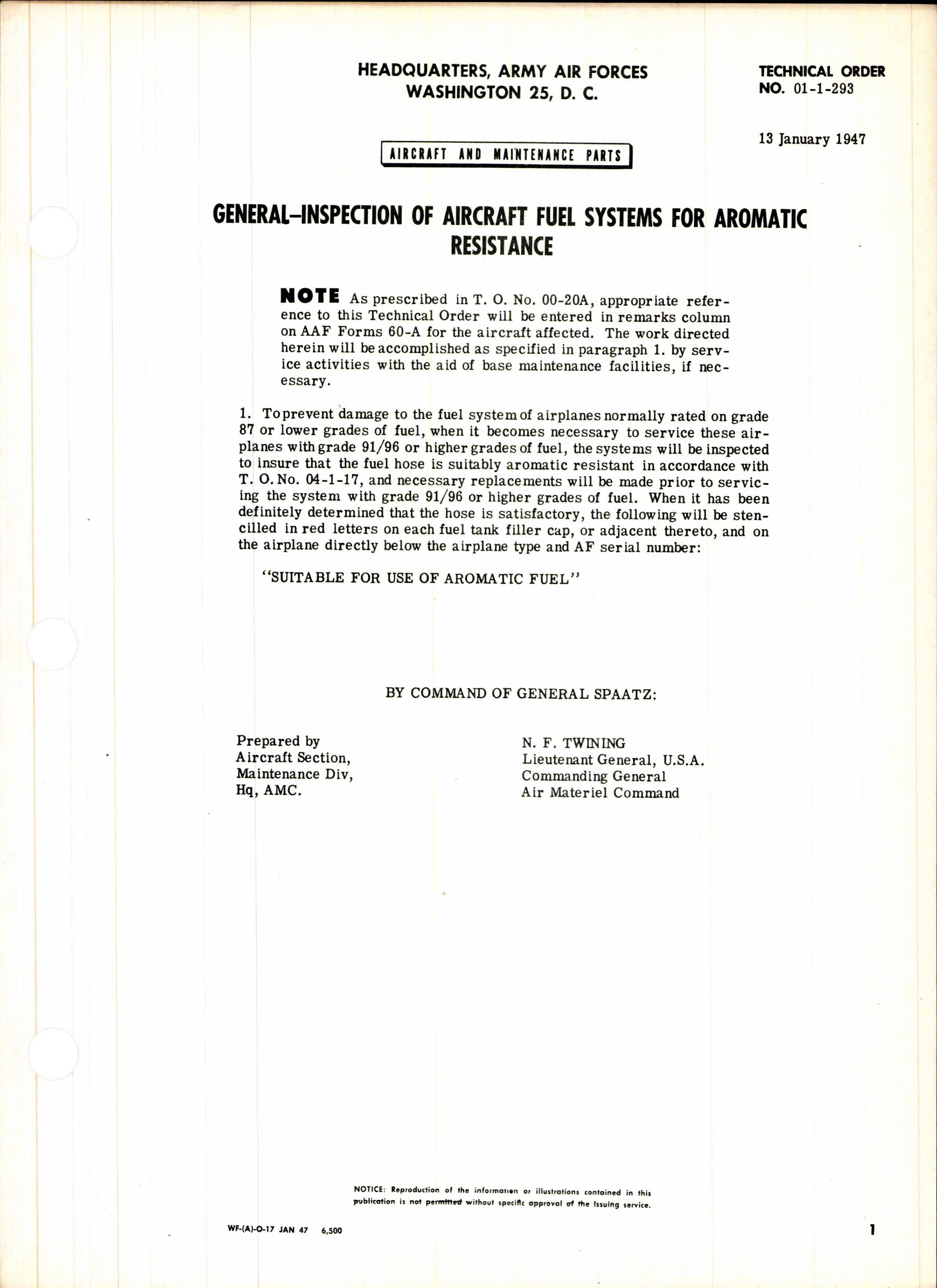Sample page 1 from AirCorps Library document: Inspection of Aircraft Fuel Systems for Aromatic Resistance