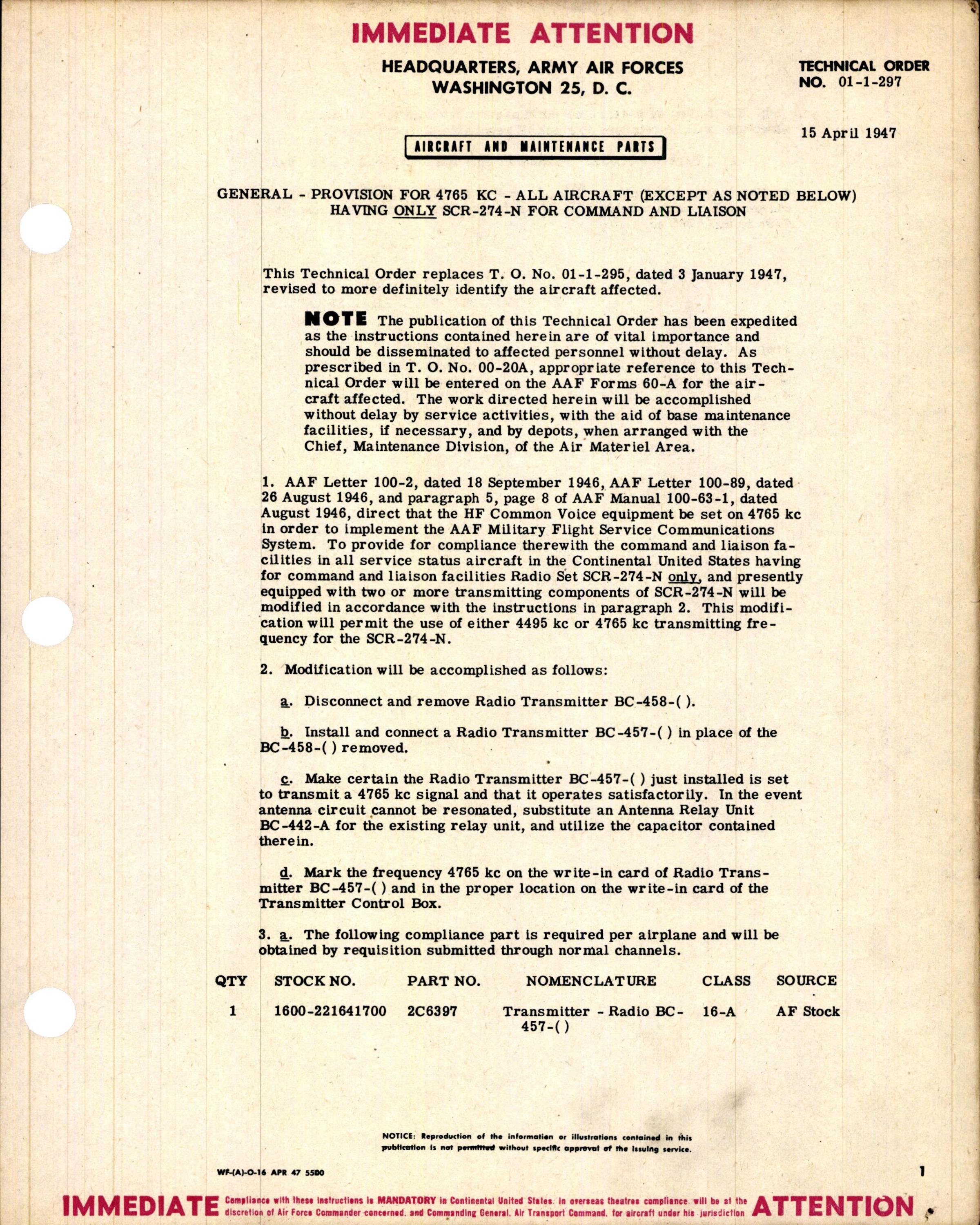 Sample page 1 from AirCorps Library document: Provision for 4765 KC for All Aircraft with Only SCR-274-N