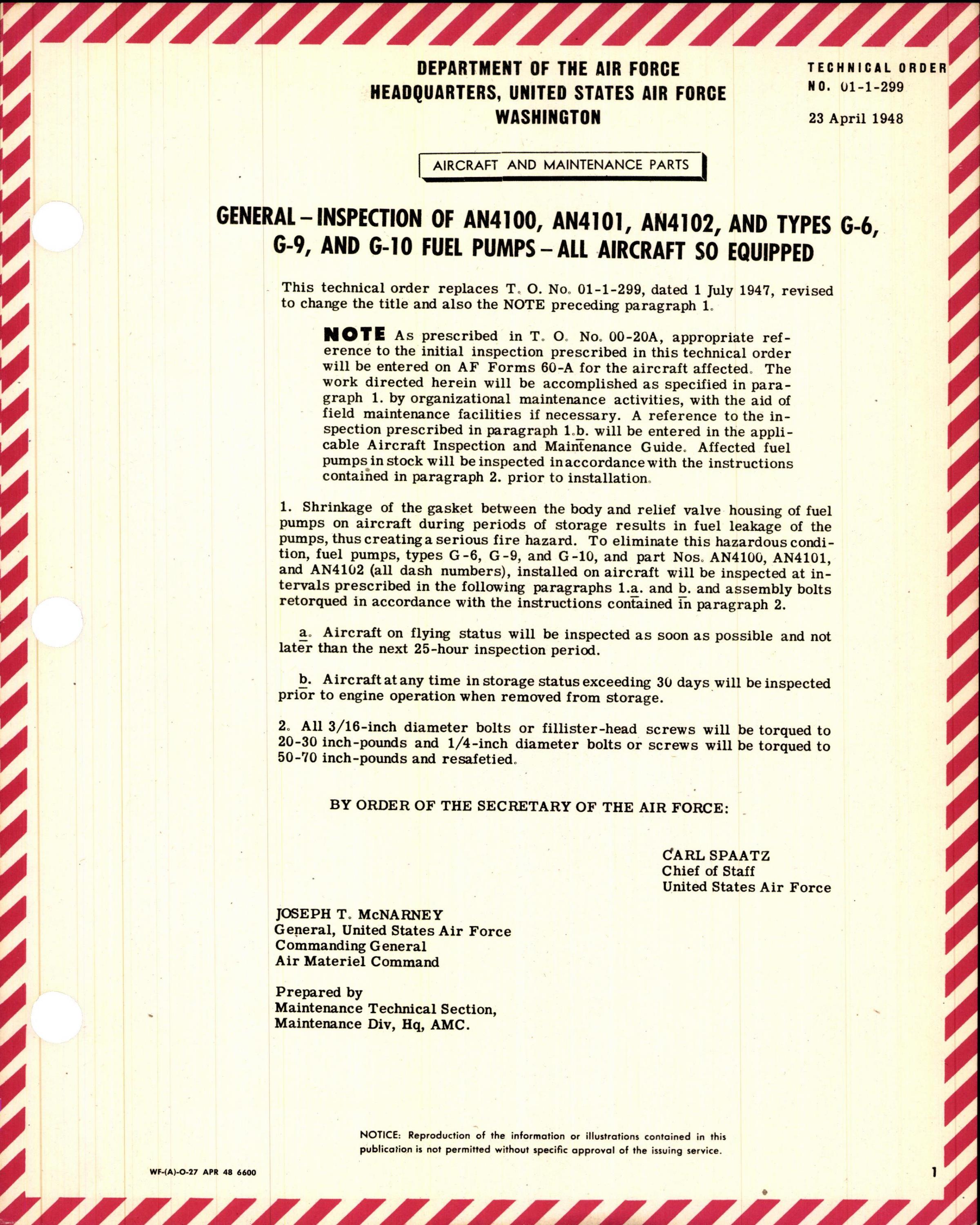 Sample page 1 from AirCorps Library document: Inspection of AN4100, AN4101, AN4102, & Types G-6, G-9, and G-10 Fuel Pumps