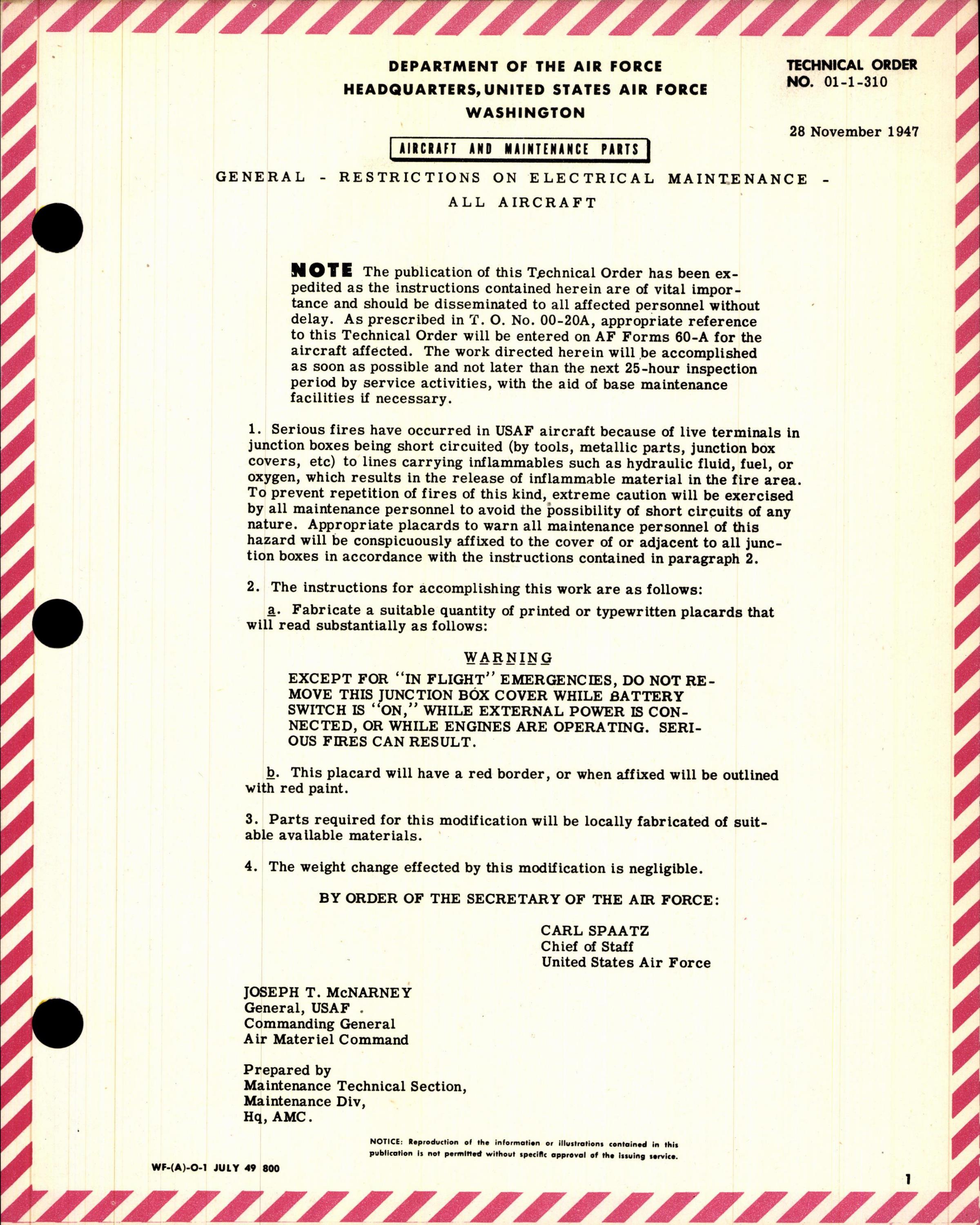 Sample page 1 from AirCorps Library document: Restrictions on Electrical Maintenance for All Aircraft