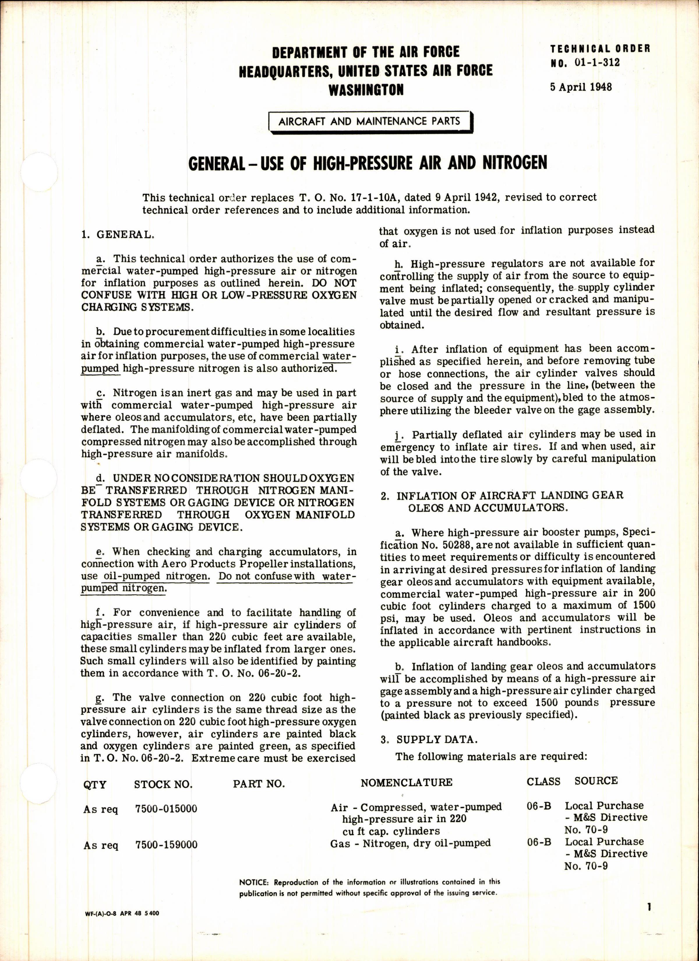 Sample page 1 from AirCorps Library document: Use of High-Pressure Air and Nitrogen