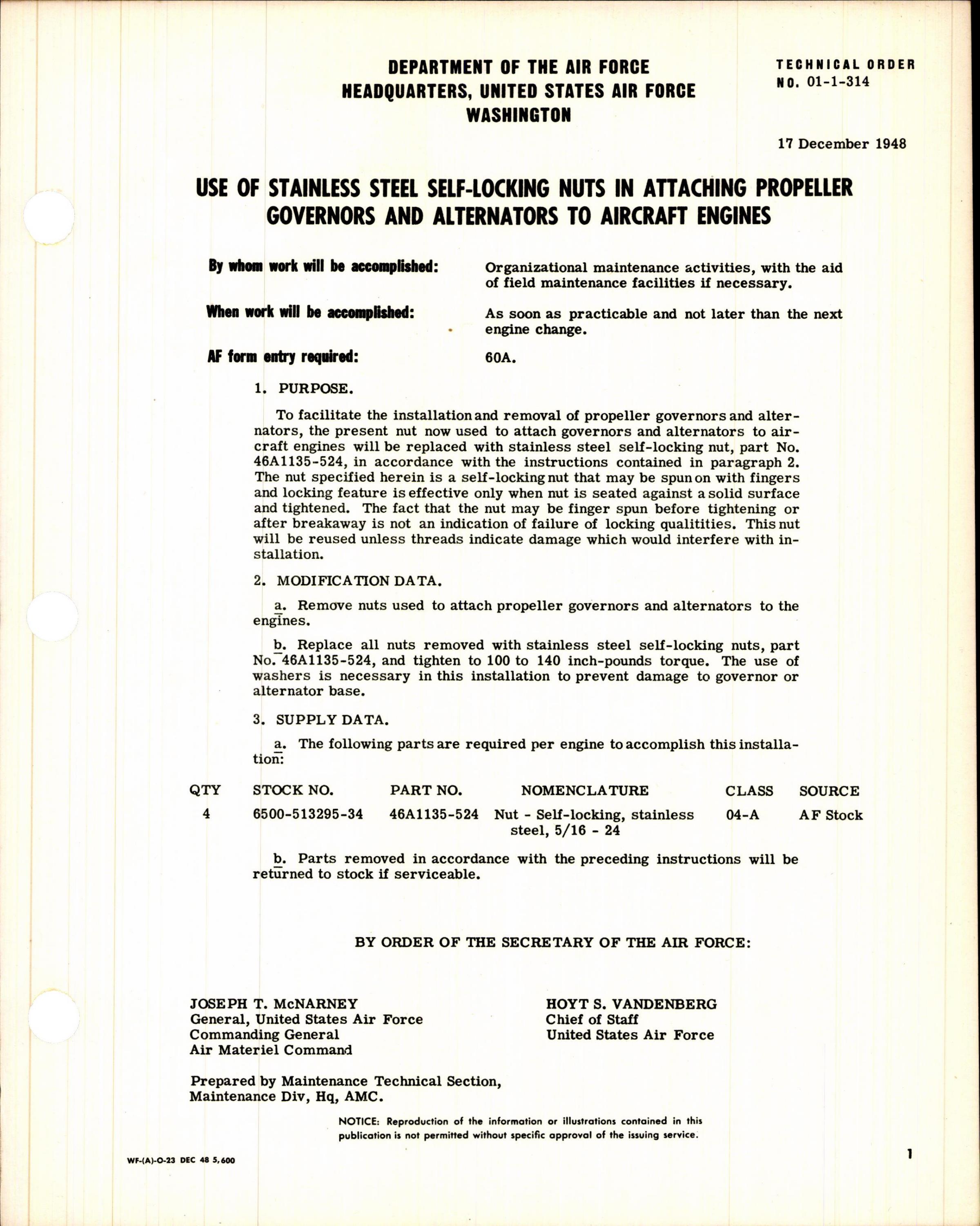 Sample page 1 from AirCorps Library document: Use of Stainless Steel Self-Locking Nuts in Attaching Propeller Governors & Alternators to Aircraft Engines