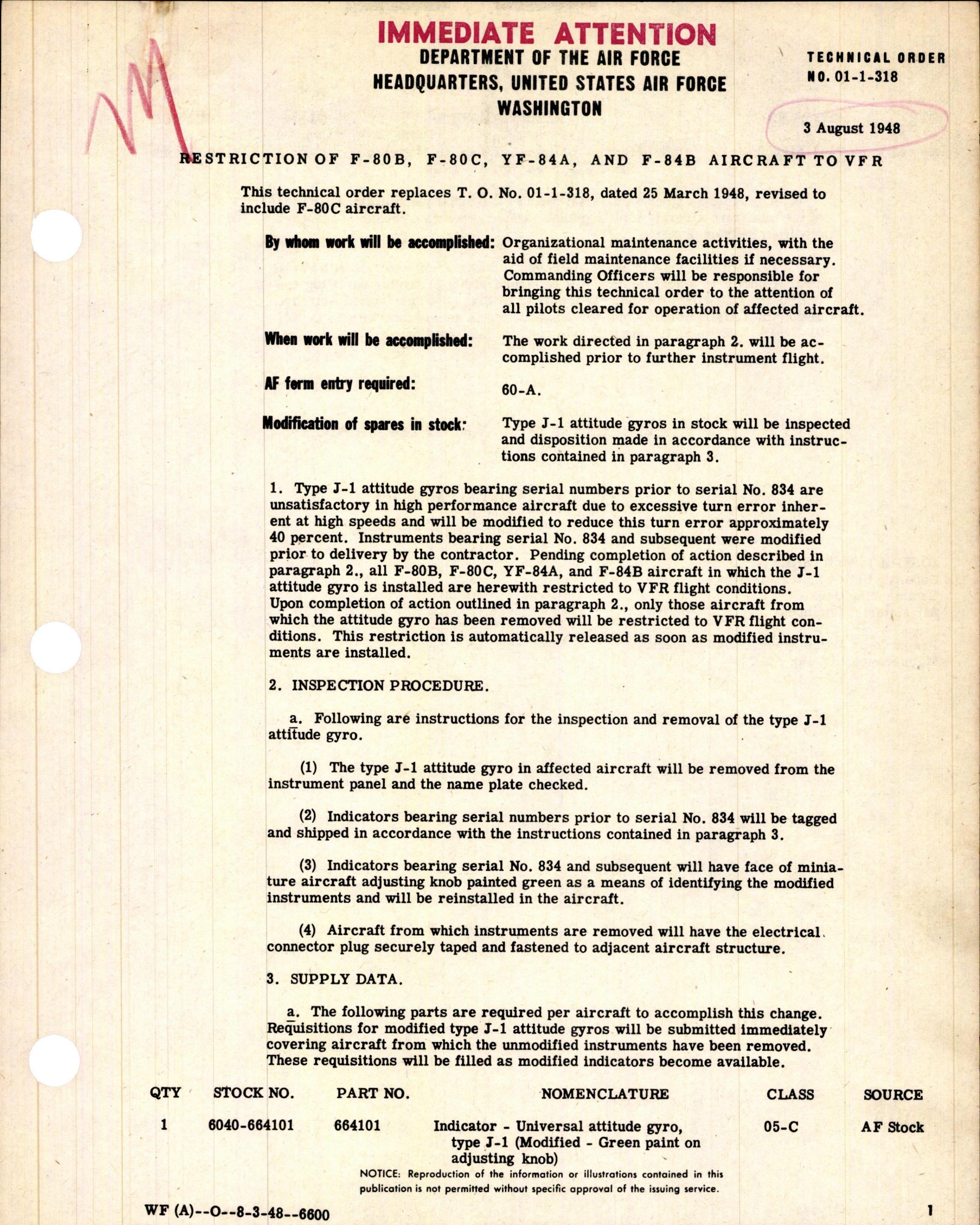 Sample page 1 from AirCorps Library document: Restriction of F-80B, F-80C, YF-84A, and F-84B Aircraft to VFR with J-1 Attitude Gyros