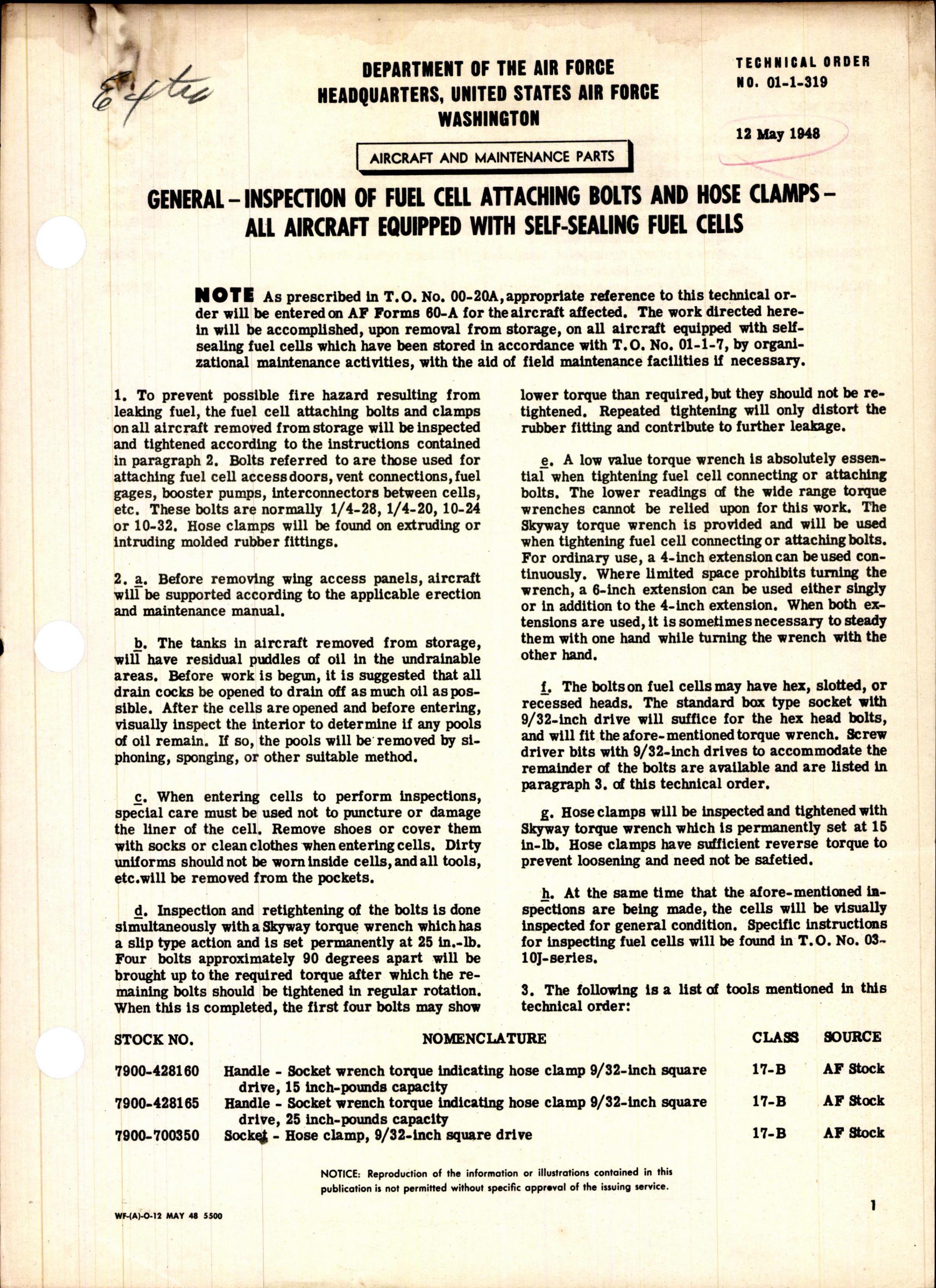 Sample page 1 from AirCorps Library document: Inspection of Fuel Cell Attaching Bolts and Hose Clamps for Self Sealing Fuel Cells