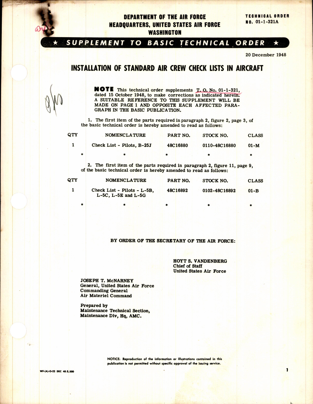 Sample page 1 from AirCorps Library document: Supplement to Basic Technical Order; Installation of Standard Air Crew Check Lists in Aircraft