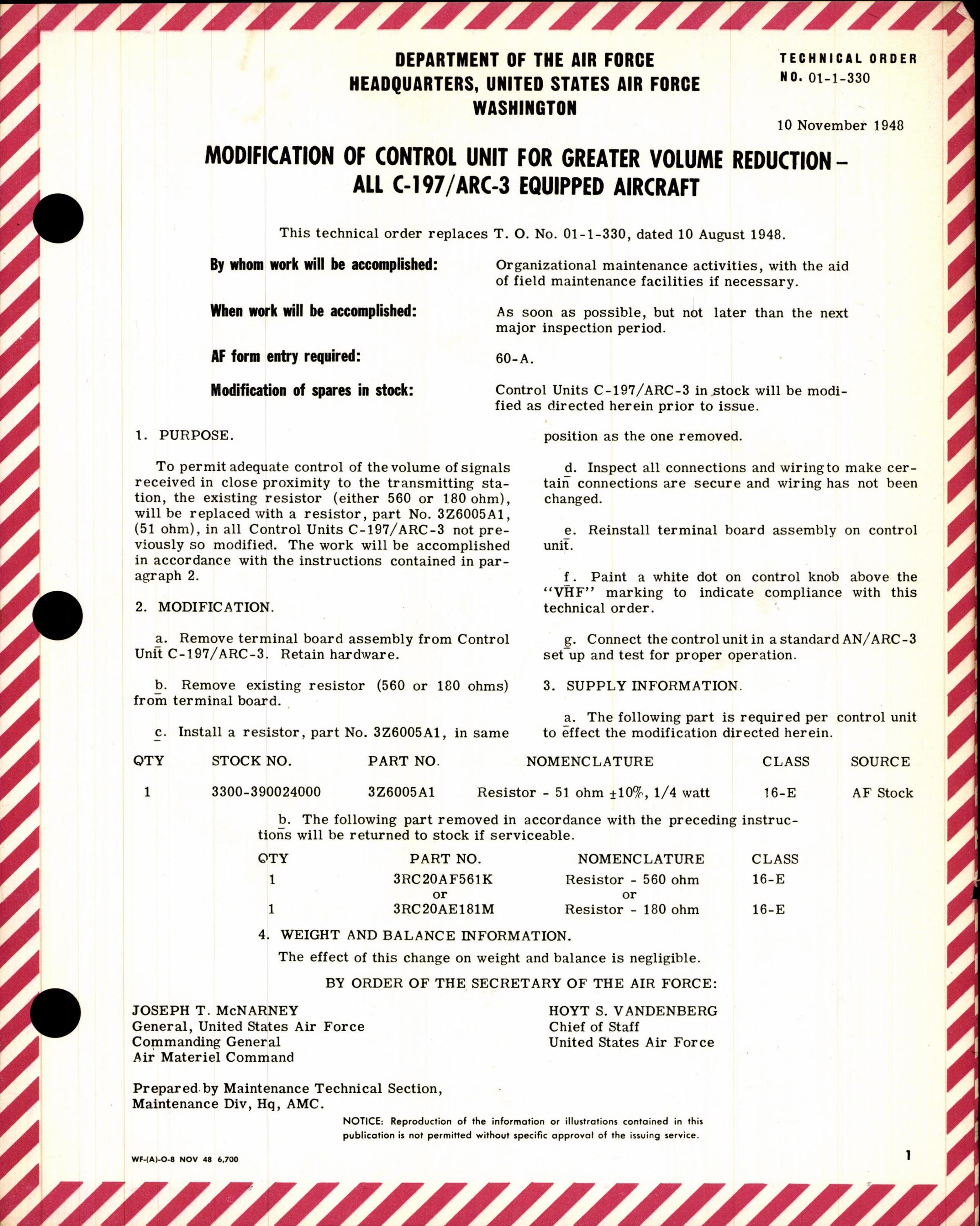 Sample page 1 from AirCorps Library document: Modification of Control Unit for Greater Volume Reduction for All C-197/ARC-3 Equipped Aircraft