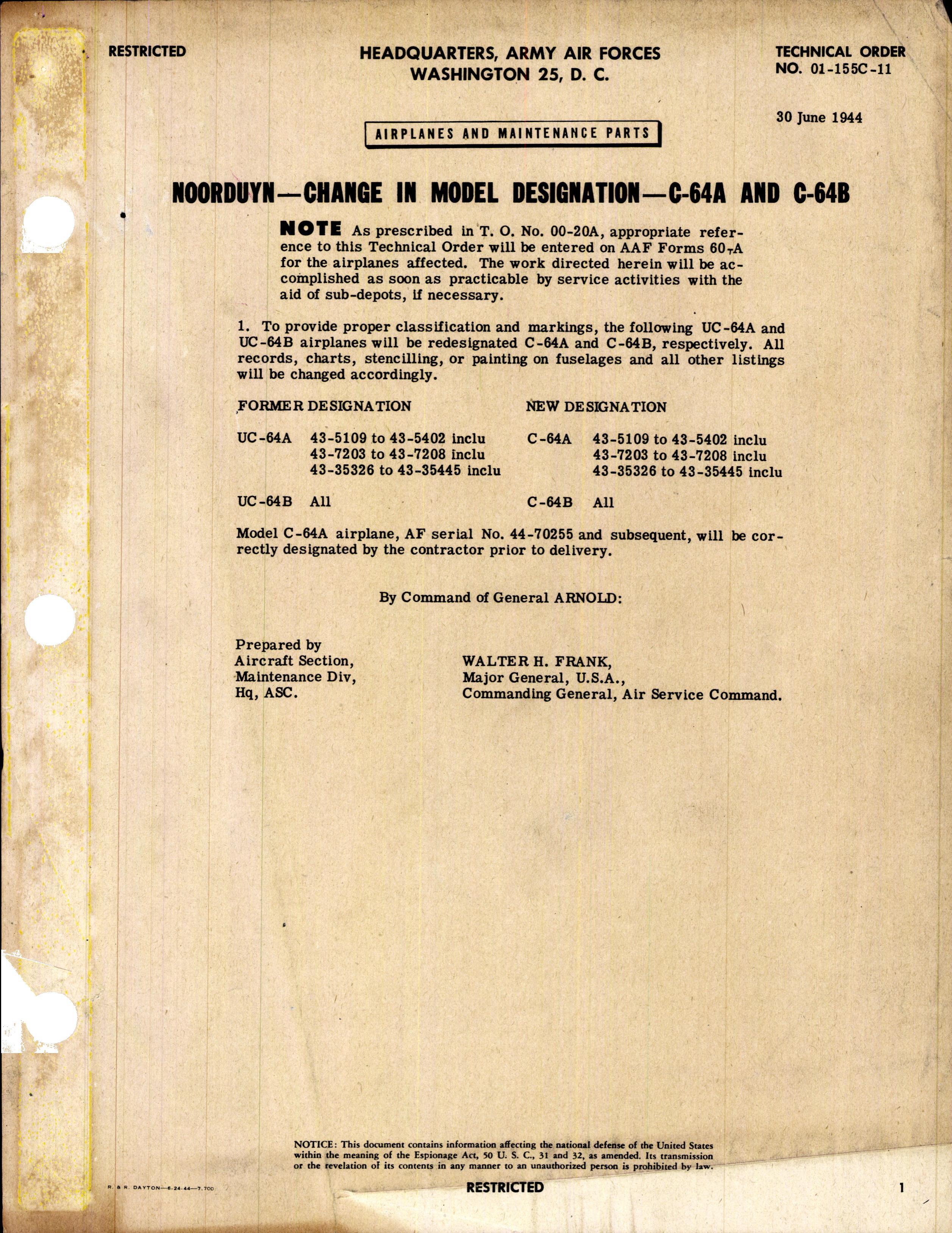 Sample page 1 from AirCorps Library document: Change in Model Designation for C-64A and C-64B