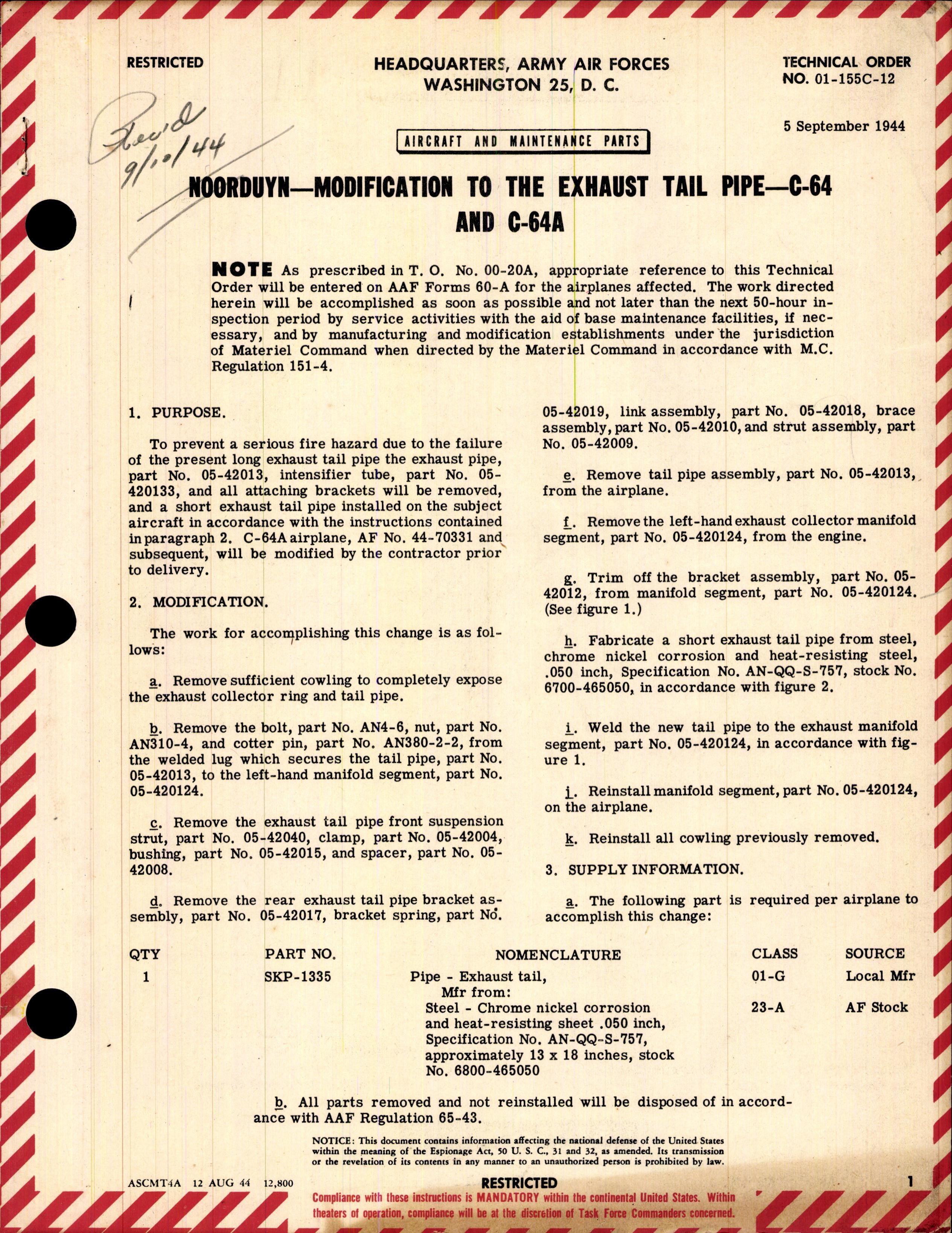 Sample page 1 from AirCorps Library document: Modification to the Exhaust Tail Pipe for C-64 and C-64A