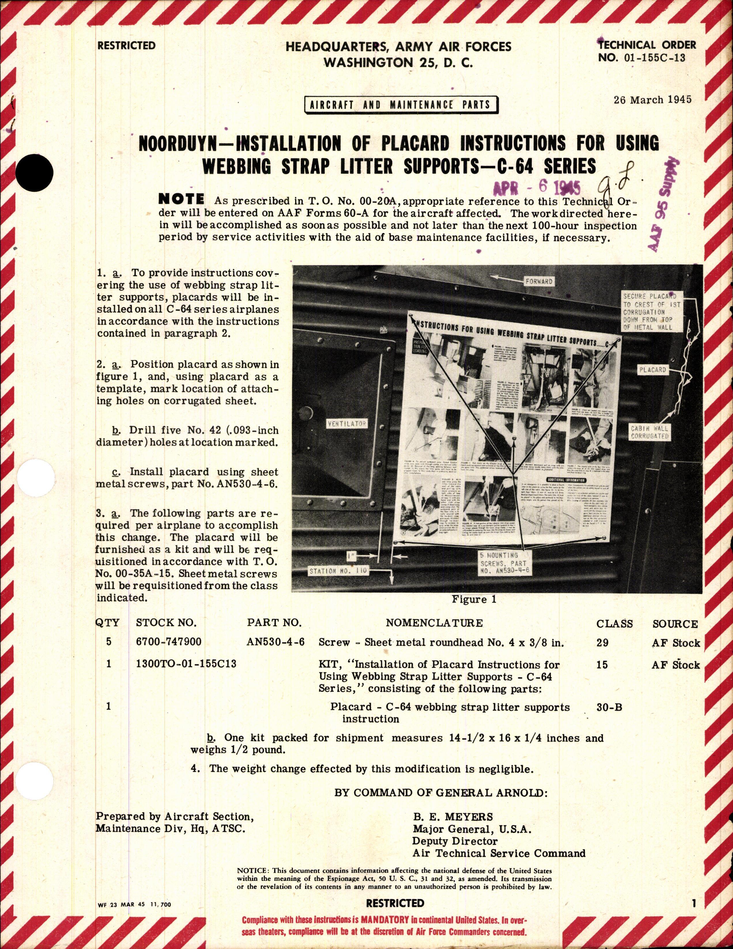 Sample page 1 from AirCorps Library document: Installation of Placard Instructions for Using Webbing Strap Litter Supports