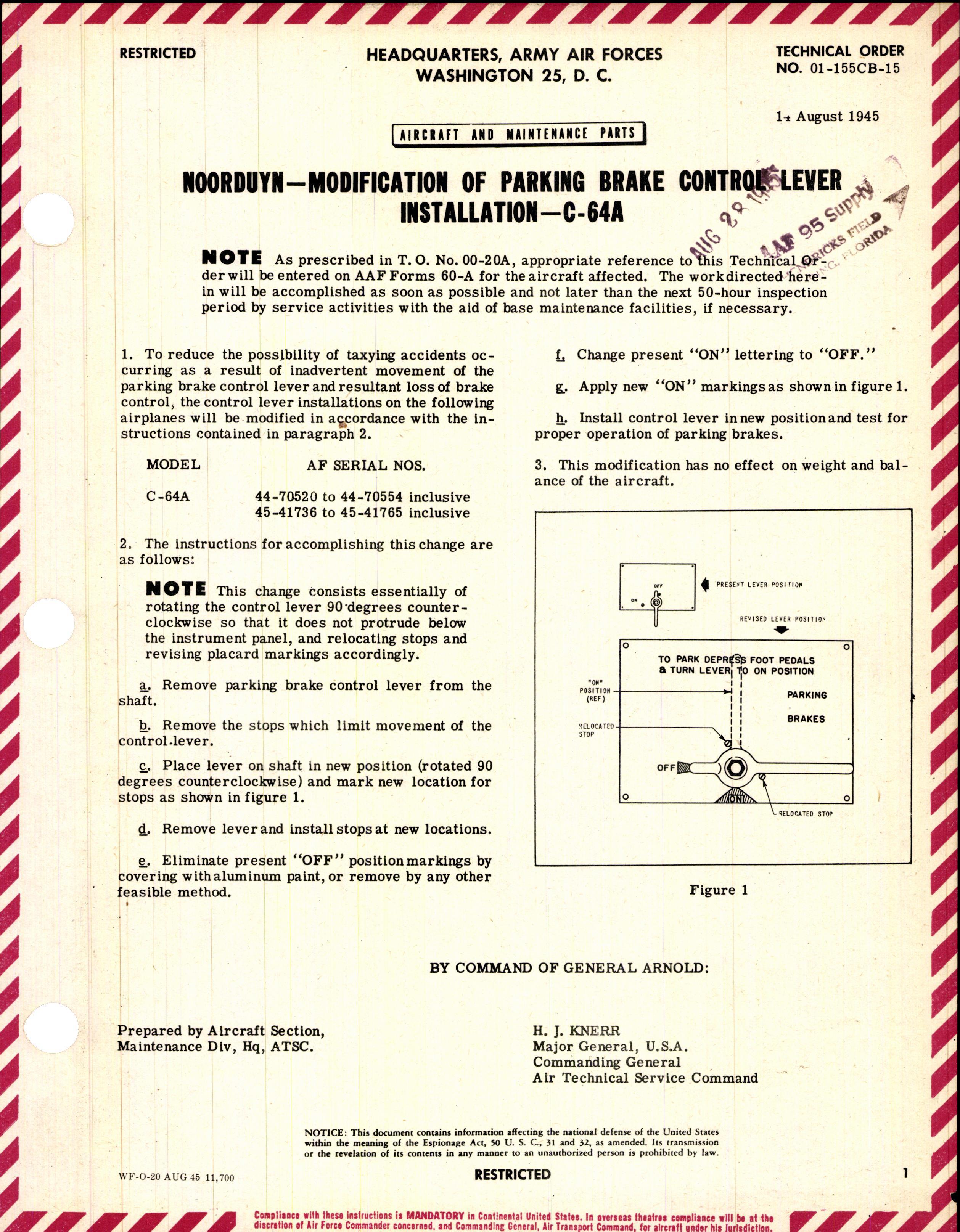 Sample page 1 from AirCorps Library document: Modification of Parking Brake Control Lever Installation for C-64A