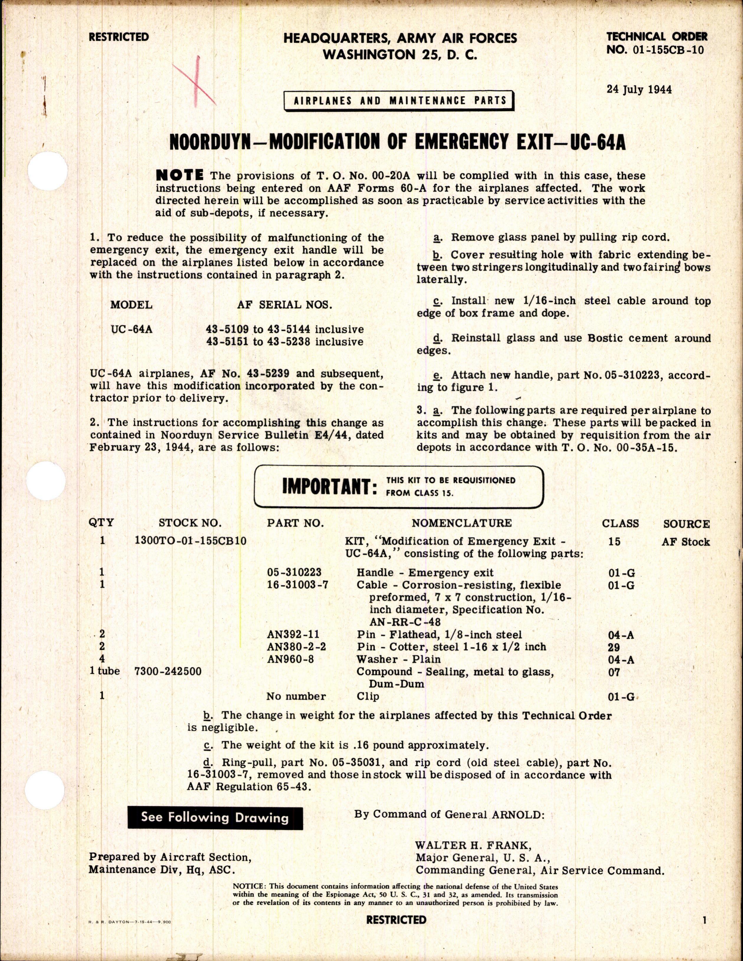 Sample page 1 from AirCorps Library document: Modification of Emergency Exit for UC-64A