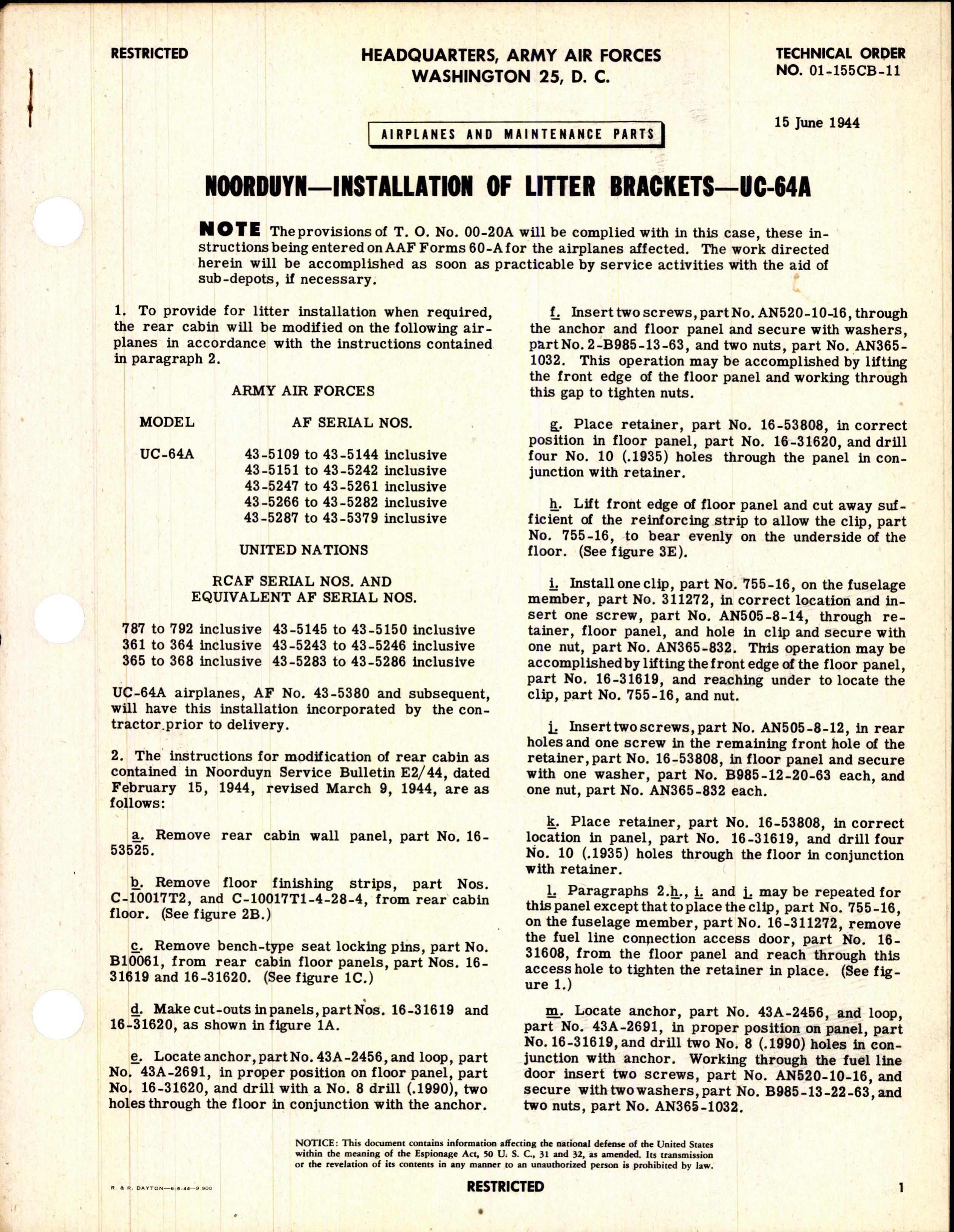 Sample page 1 from AirCorps Library document: Installation of Litter Brackets for UC-64A