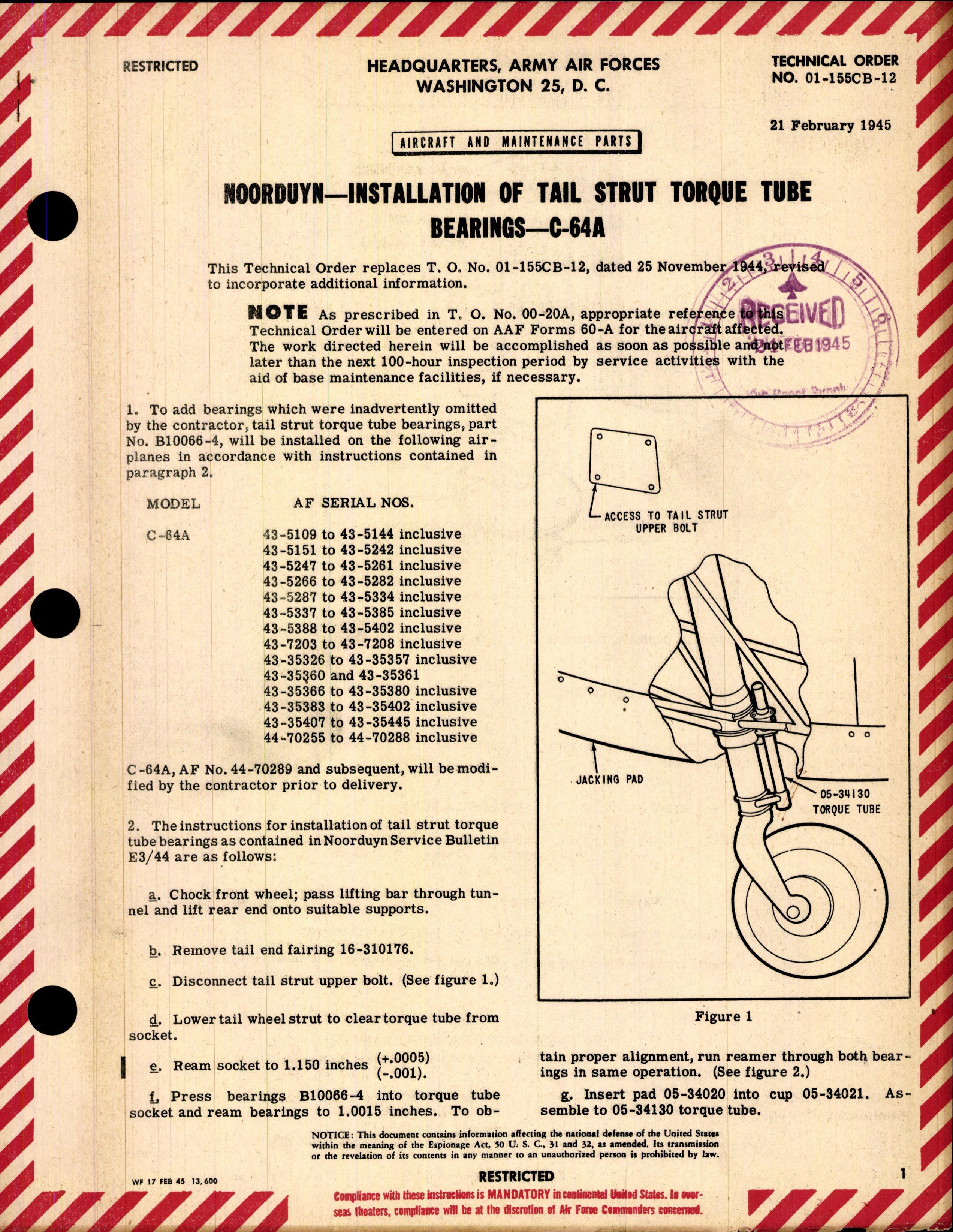 Sample page 1 from AirCorps Library document: Installation of Tail Wheel Strut Torque Tube Bearings for C-64A