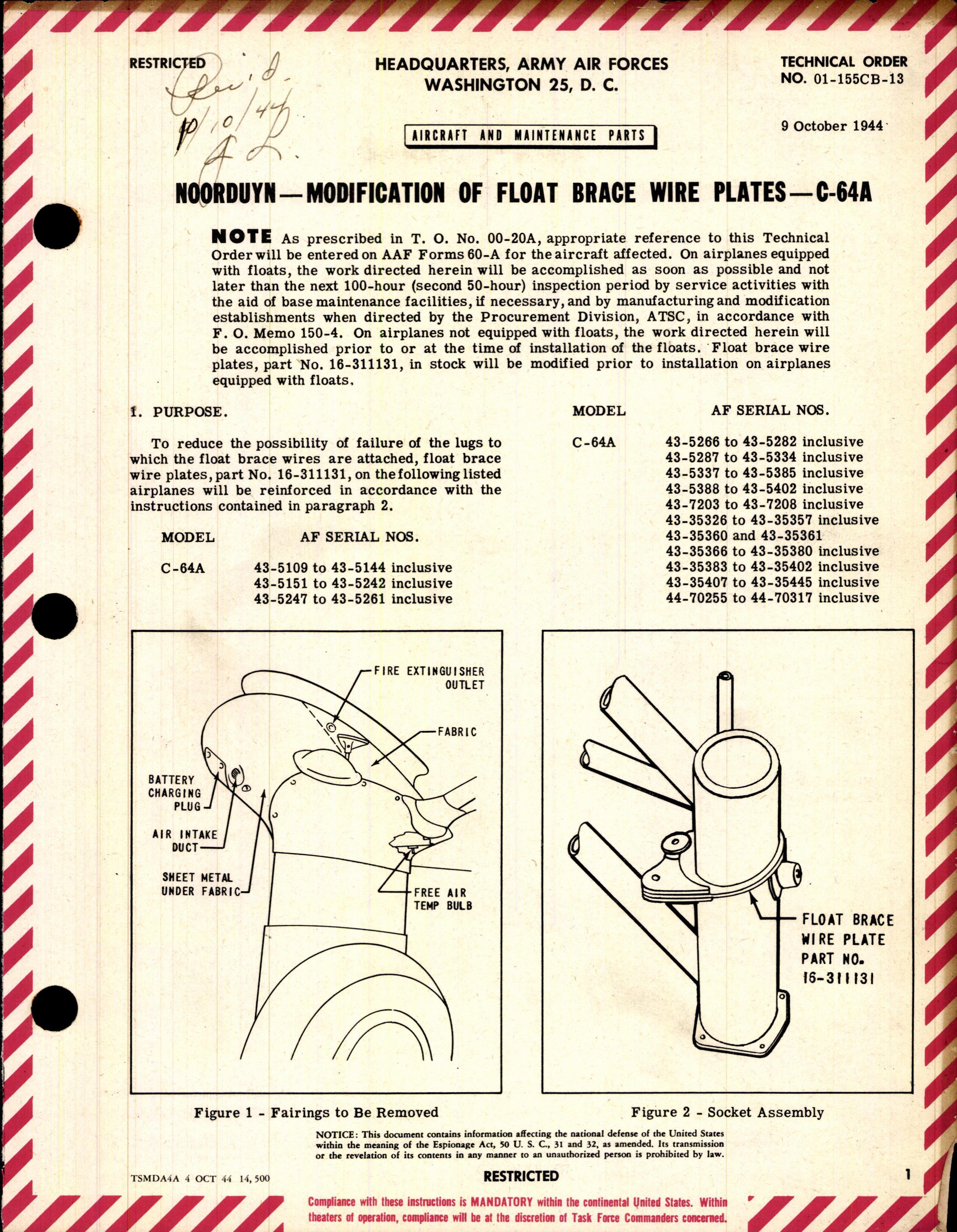 Sample page 1 from AirCorps Library document: Modification of Float Brace Wire Plates for C-64A