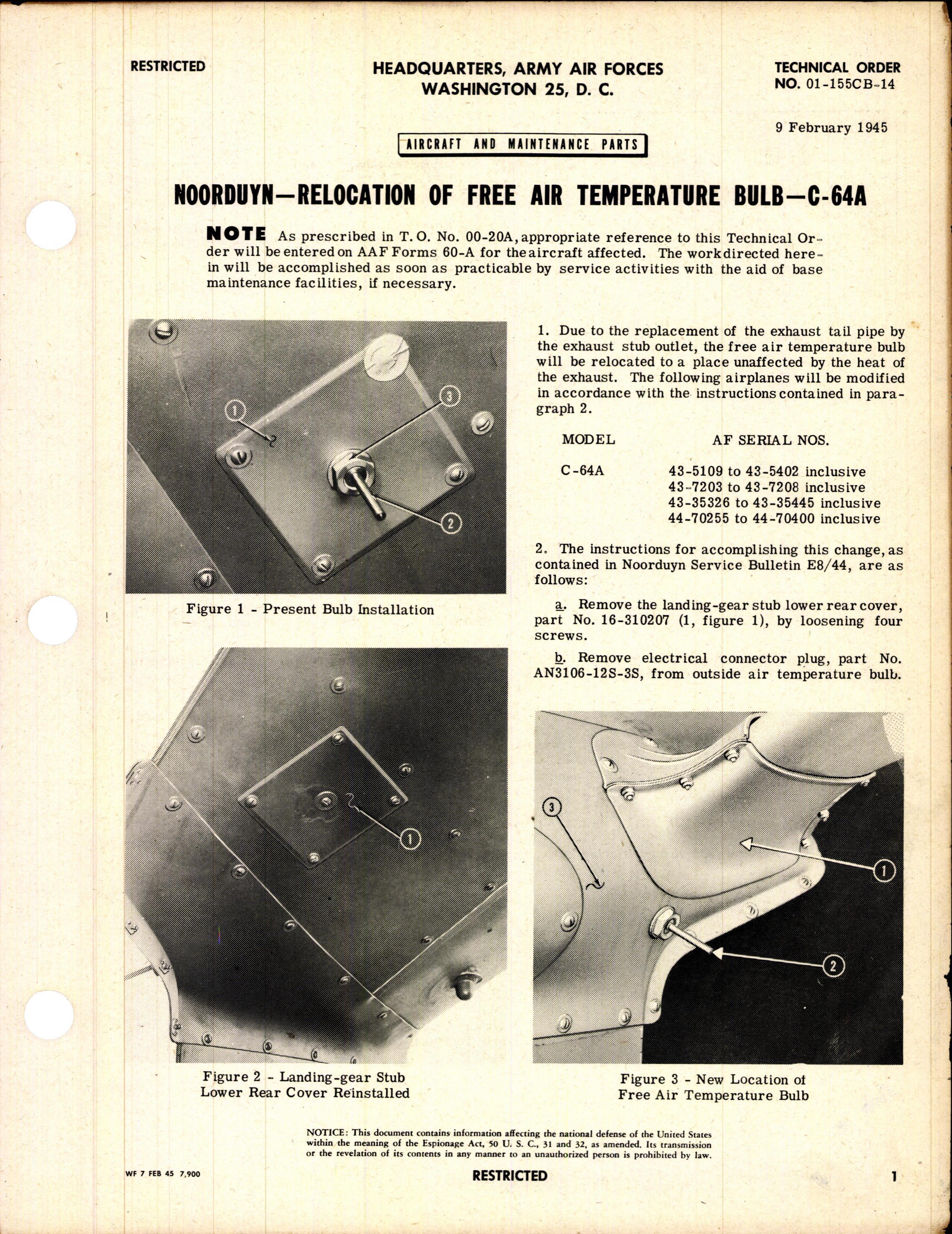 Sample page 1 from AirCorps Library document: Relocation of Free Air Temperature Bulb for C-64A