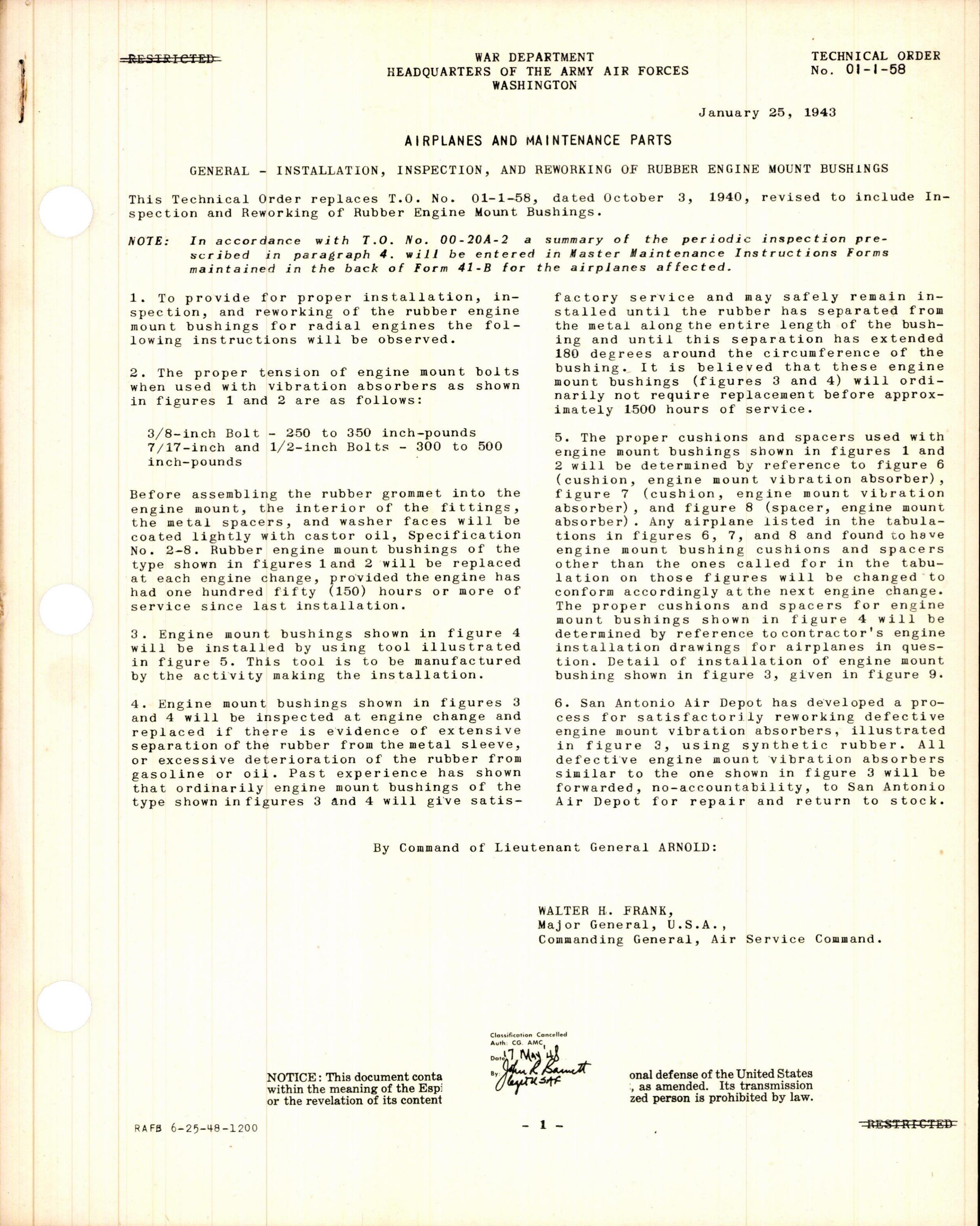 Sample page 1 from AirCorps Library document: Installation, Inspection, and Reworking of Rubber Engine Mount Bushings