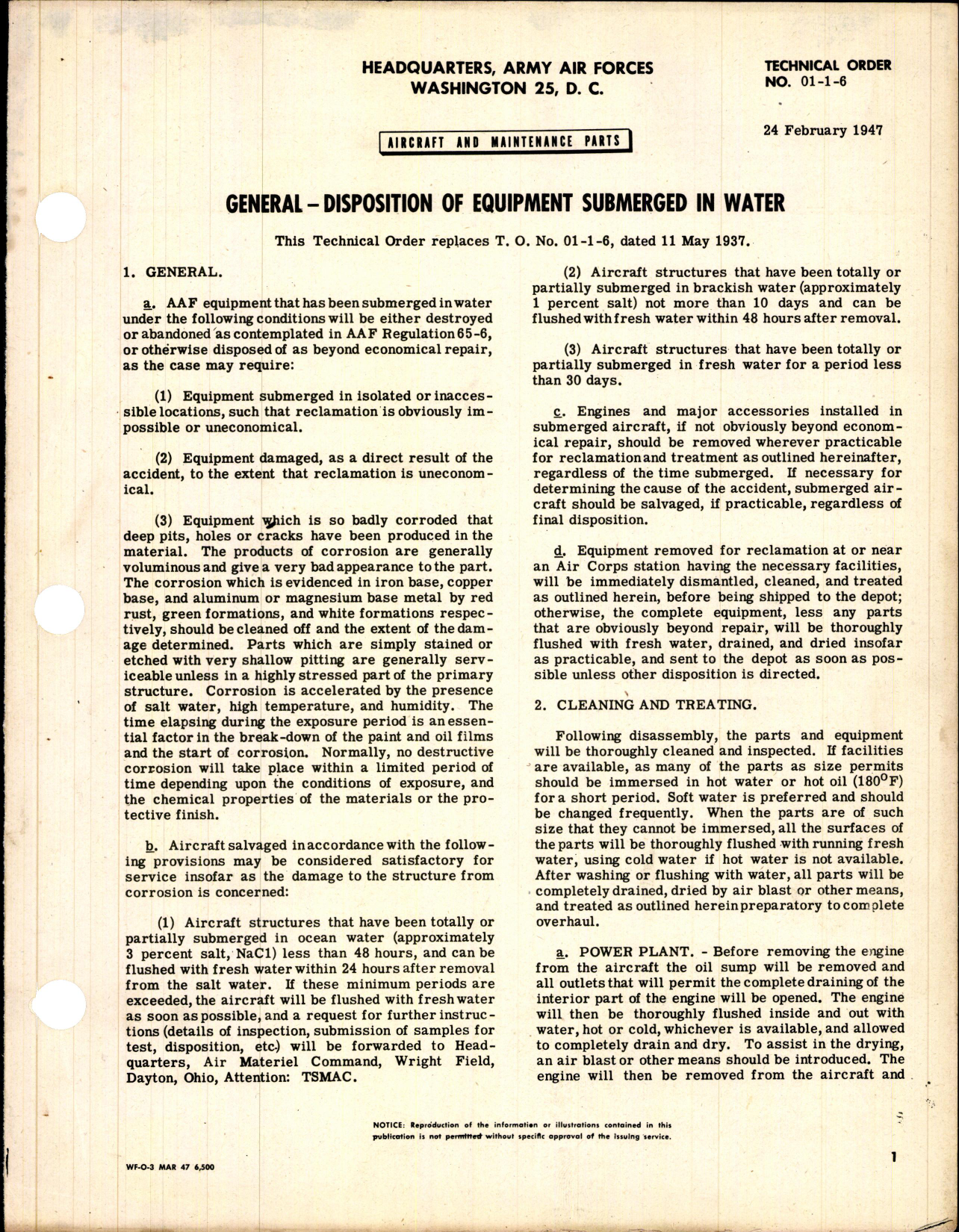 Sample page 1 from AirCorps Library document: Aircraft and Maintenance Parts; Disposition of Equipment Submerged in Water