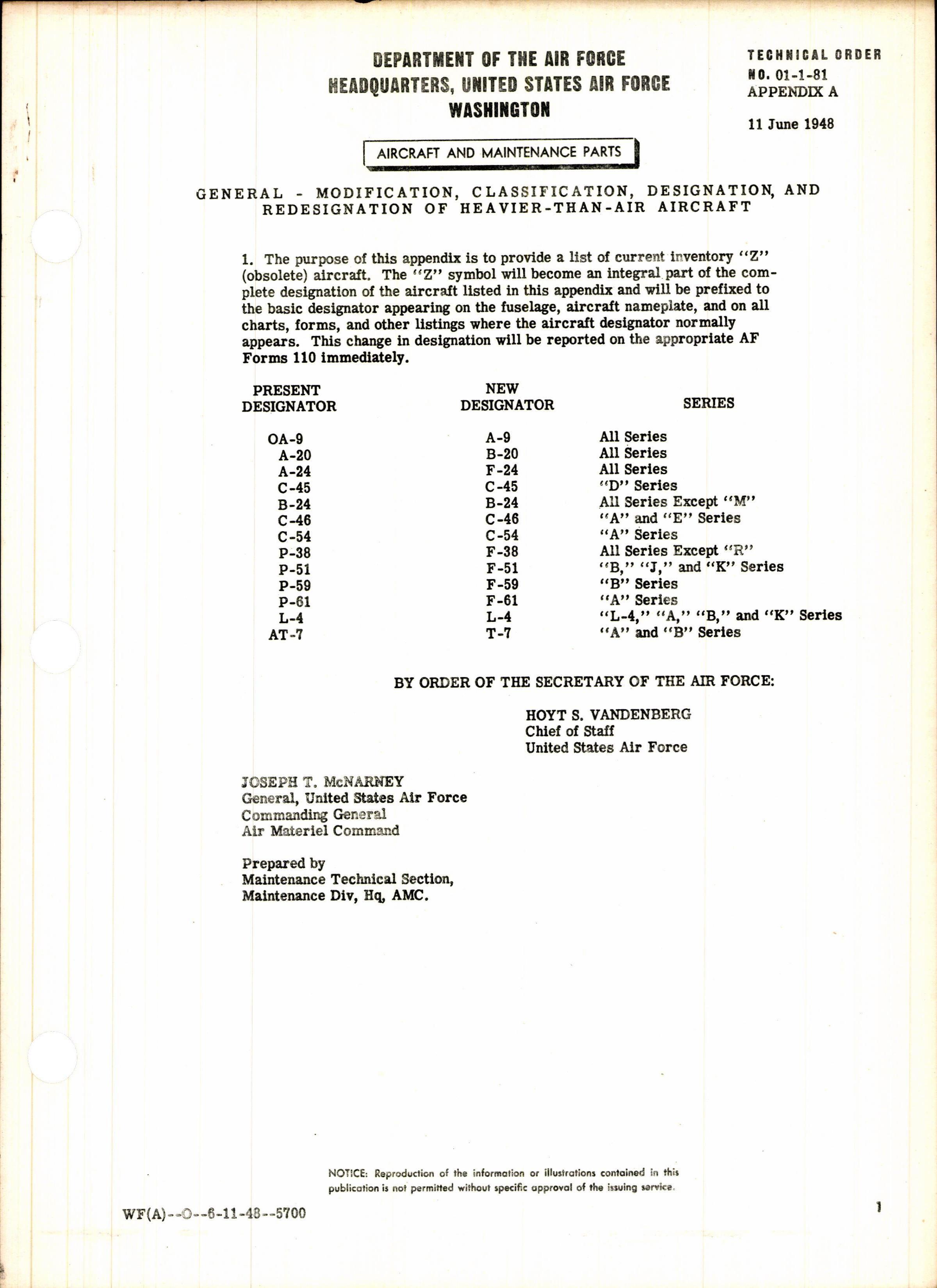 Sample page 1 from AirCorps Library document: Modification, Classification, (Re)Designation of Heavier than Air Aircraft