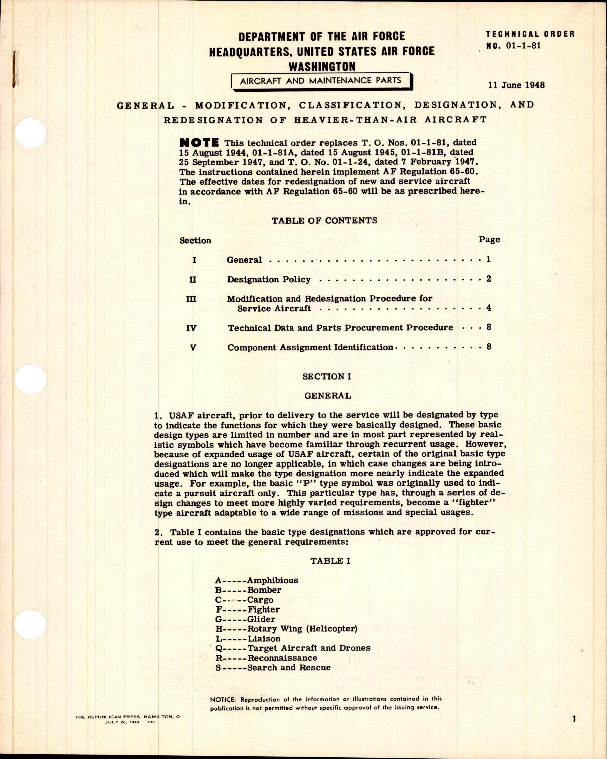 Sample page 1 from AirCorps Library document: Modification, Classification, Designation, and Redesignation of Heavier-Than-Air Aircraft