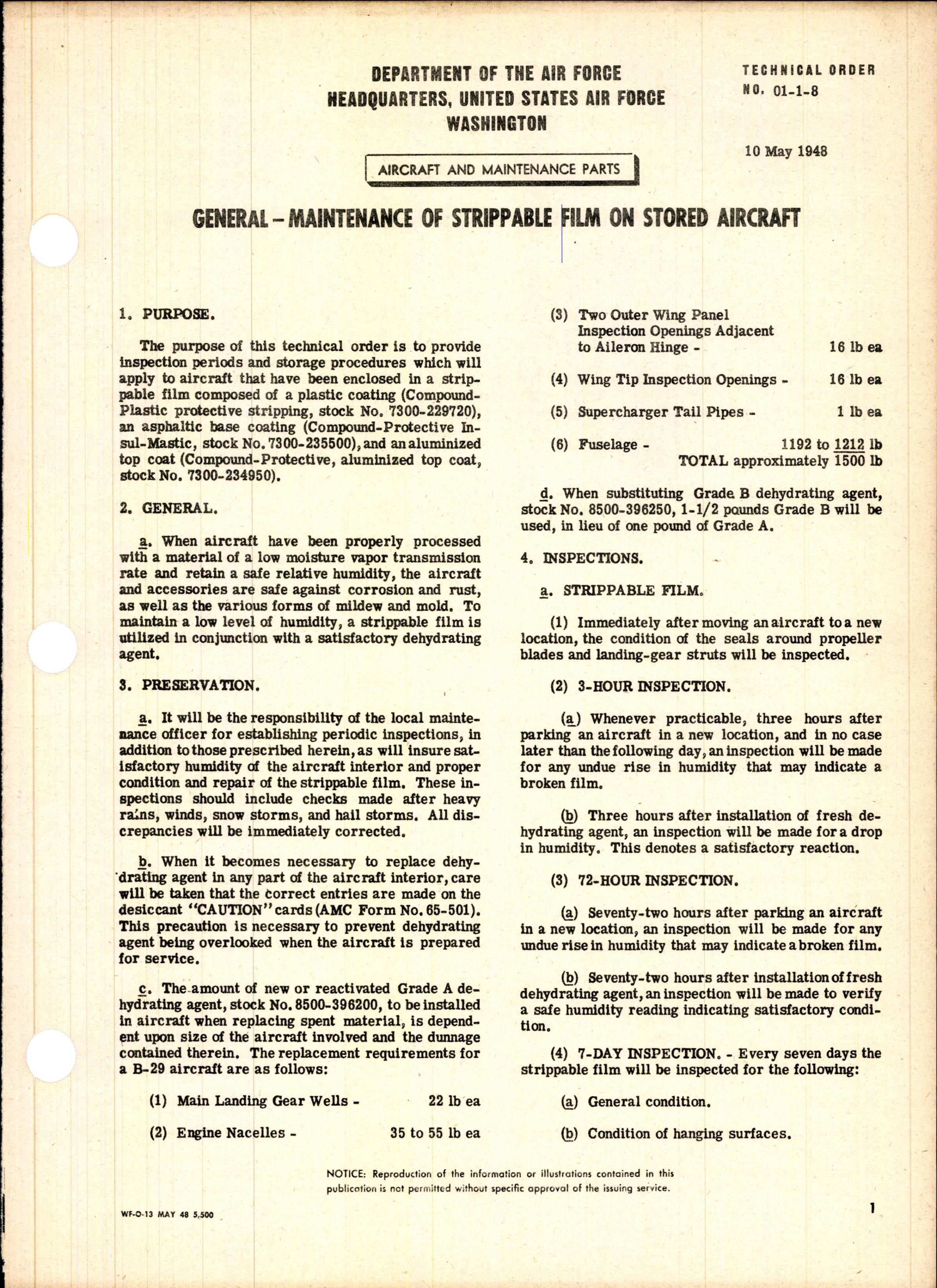 Sample page 1 from AirCorps Library document: Maintenance of Strippable Film on Stored Aircraft