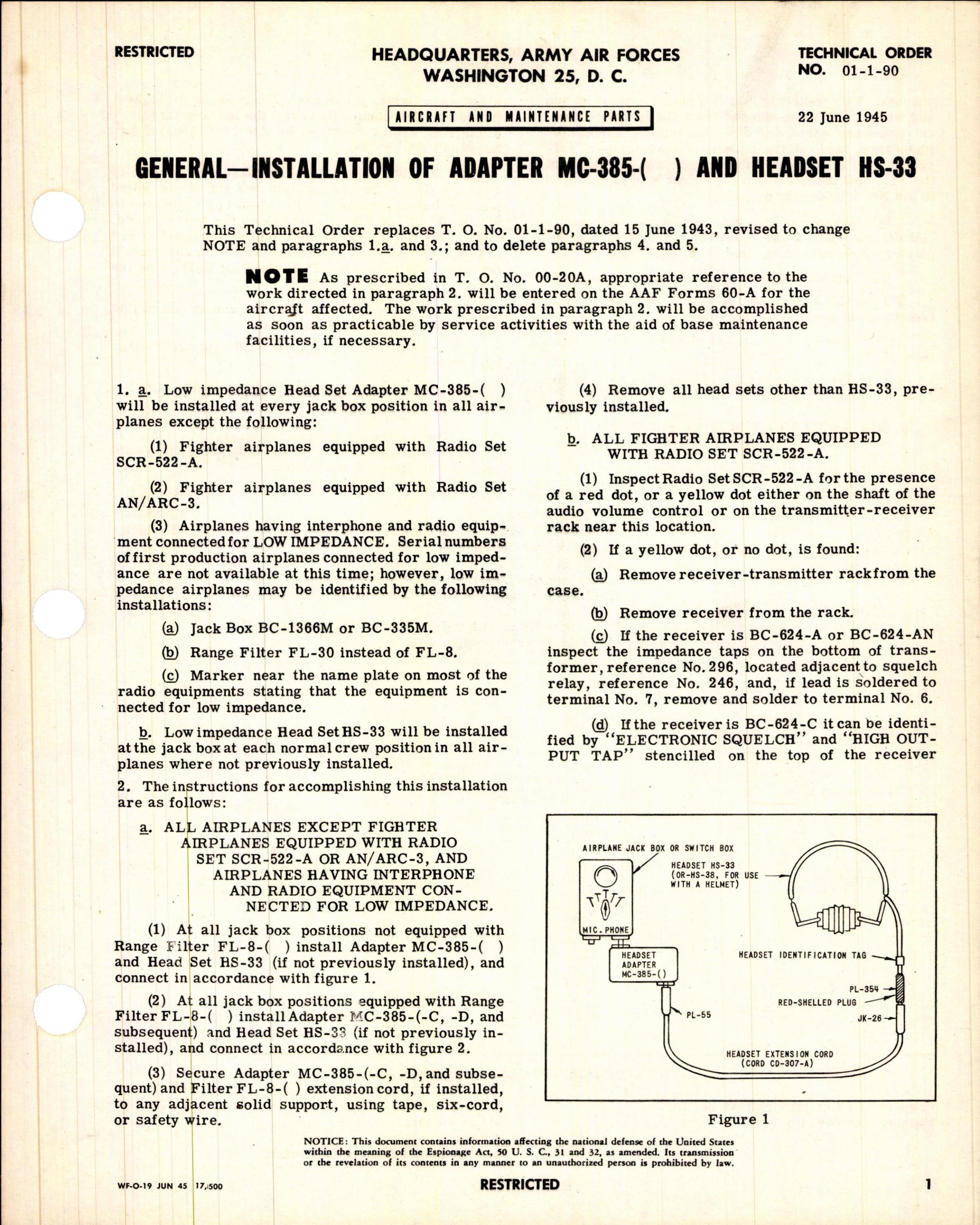Sample page 1 from AirCorps Library document: Installation of Adapter MC-385 and Headset HS-33
